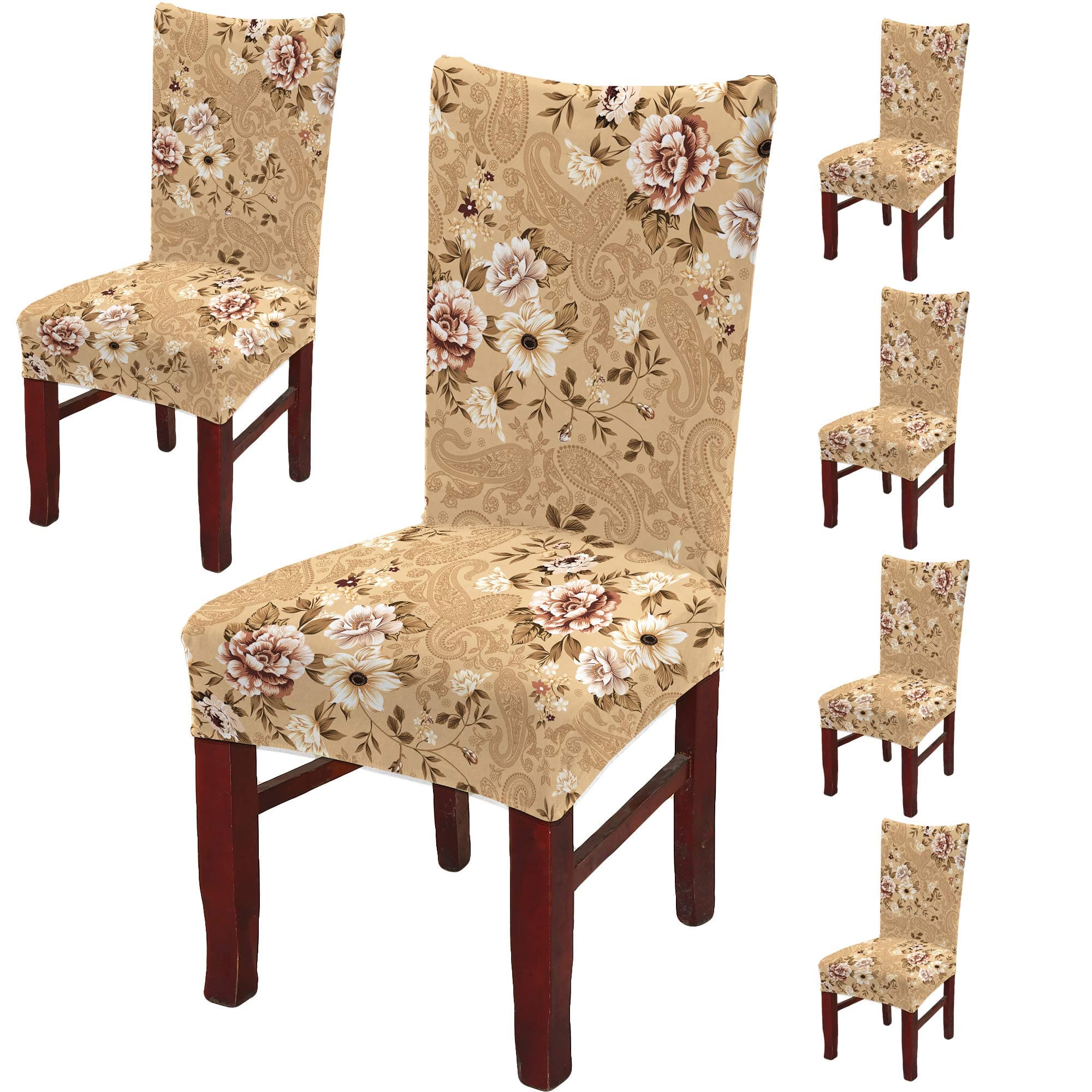 BRIDA® Polyester Spandex Stretchable Floral Geometric Printed Dining Chair Covers Elastic Chair Seat Case Protector, Slipcovers (6 Chair Cover, Beige)