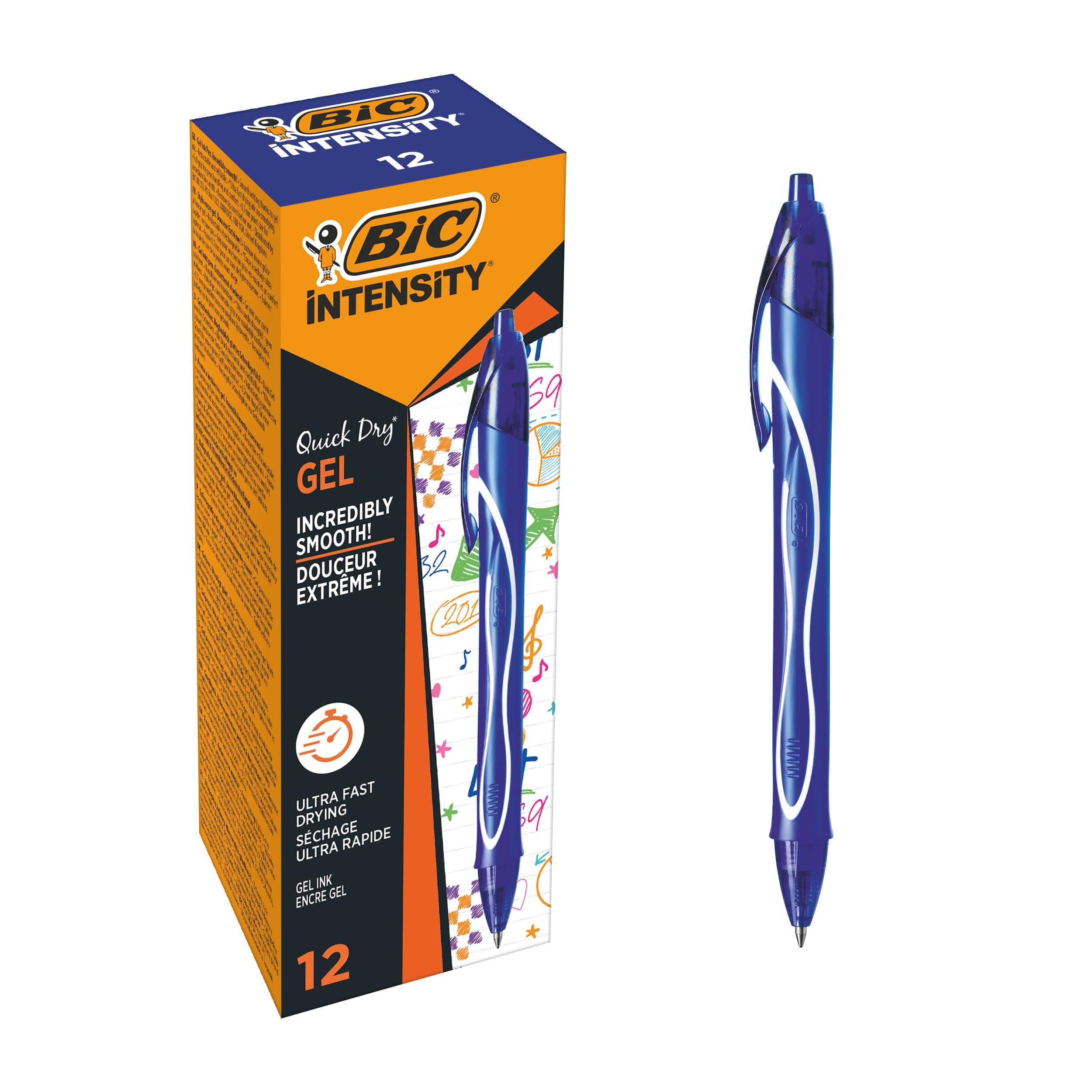 BIC Gel-ocity Quick Dry, Ultra Fast Drying Refillable Gel Ink Pens with Full Grip Barrel, in Blue, Pack of 12