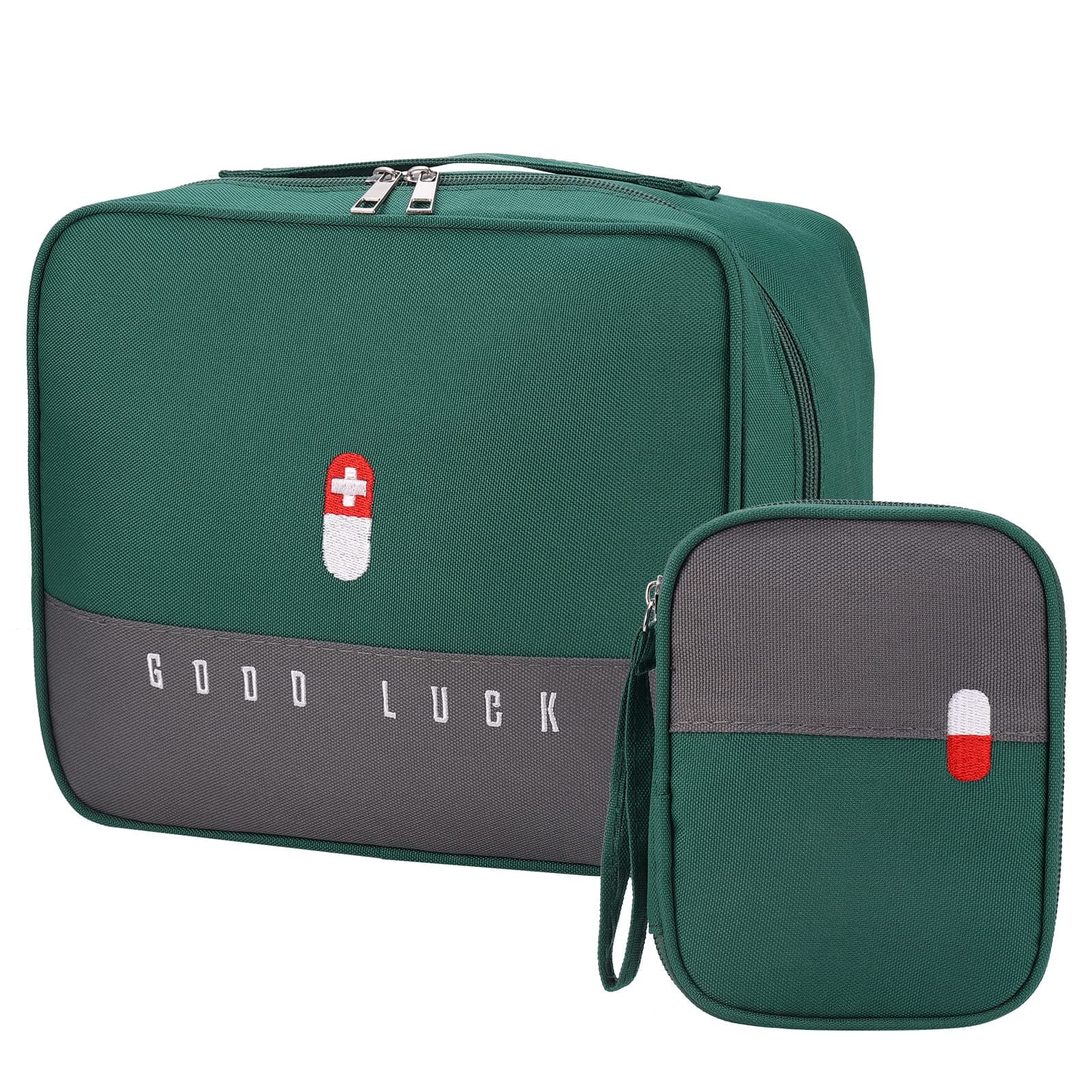 2 Pcs First Aid Bag Empty, Waterproof Medical Bag, 2 Size Travel Medicine Bag, Medicine Storage Bag Built-in Compartment, Portable Medicine Bag for Travelling Camping Home Hiking (Green)