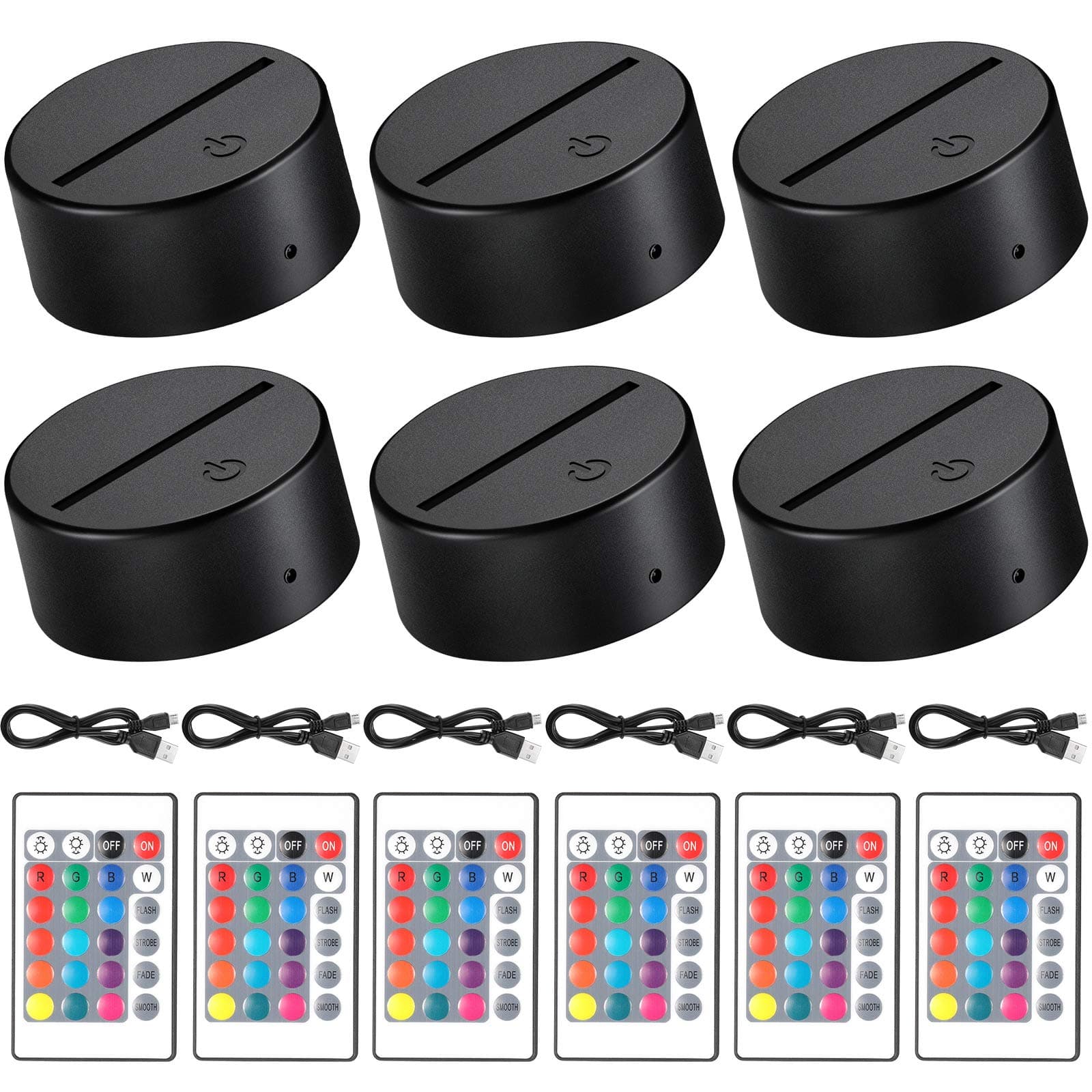 Honoson 6 Pieces 3D Night LED Light Lamp Base 16 Colors LED Display Base with Remote Control and USB Cable, Christmas Light Lamp Display Acrylic for Restaurant Shop(Small,Black)