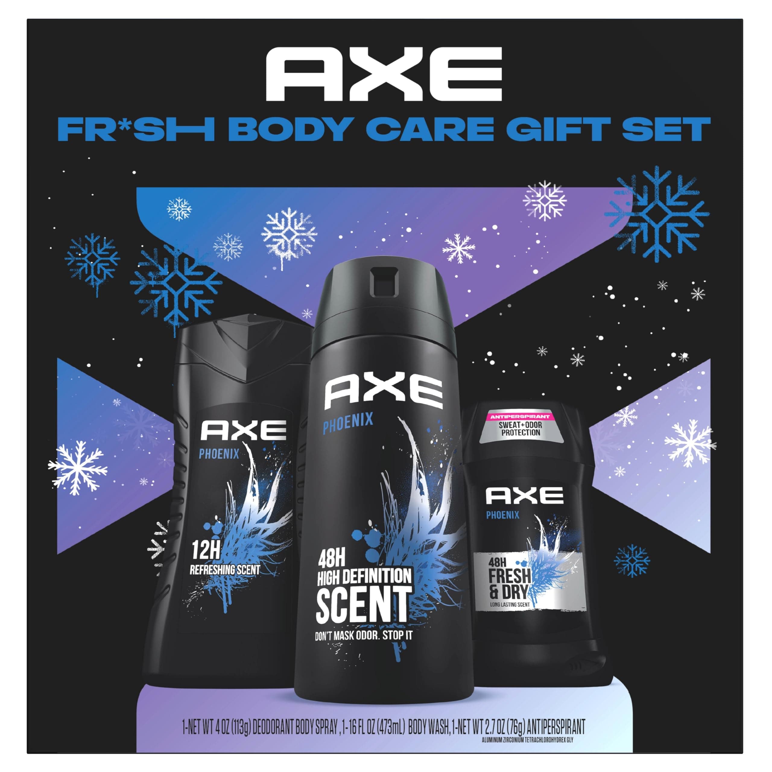 AXE Gift Set for Men, Phoenix Fresh Body Care Set – AXE Body Wash, AXE Body Spray + AXE Antiperspirant, 48H Odor & Sweat Protection, Crushed Mint & Rosemary Scent (3 Piece Set)
