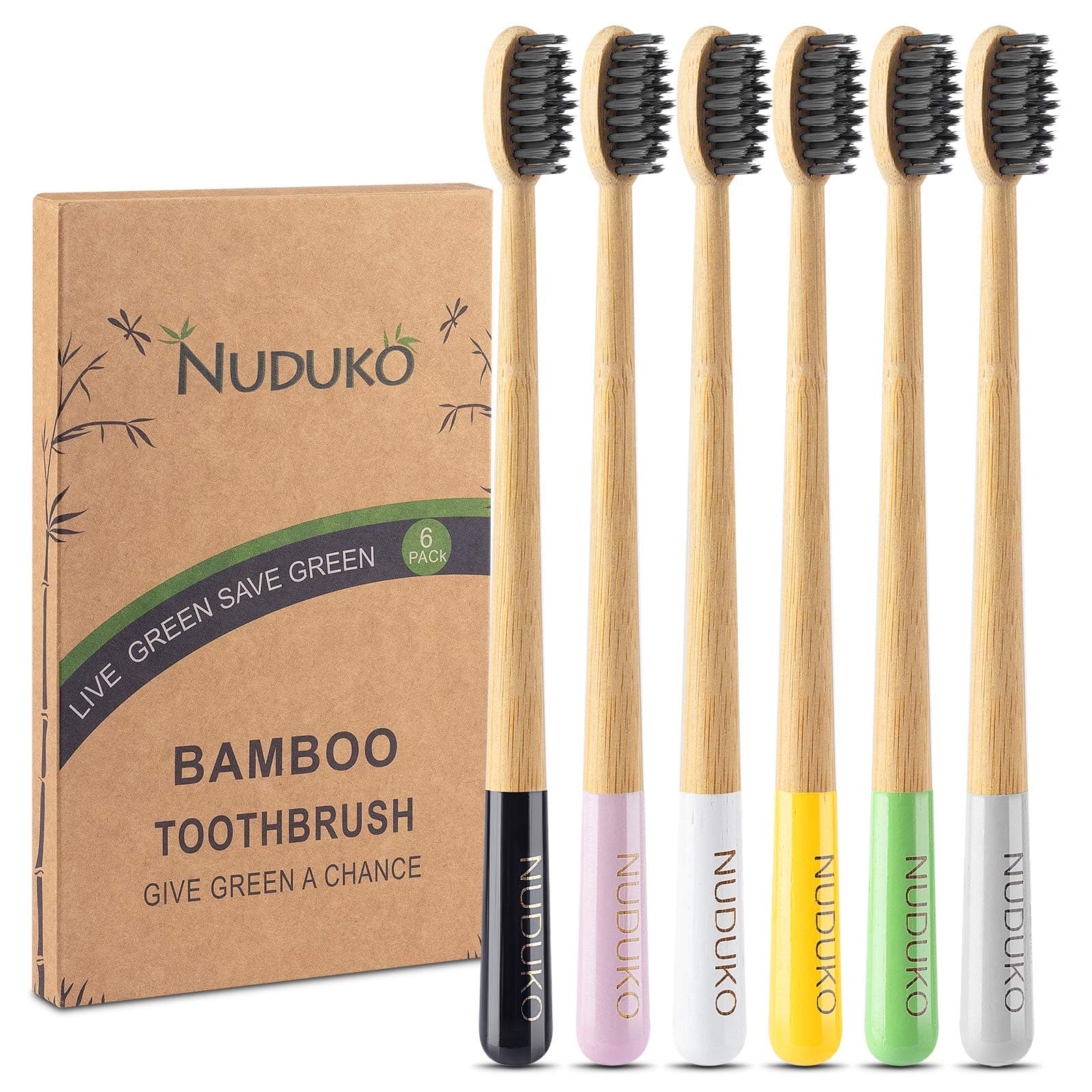 NUDUKO Biodegradable Charcoal Toothbrush Bamboo Toothbrushes - 6 Pack Eco-Friendly, Natural Wooden Tooth Brush, BPA Free Travel Size Organic Soft Bristle Toothbrushes for Adults, Cone Handle