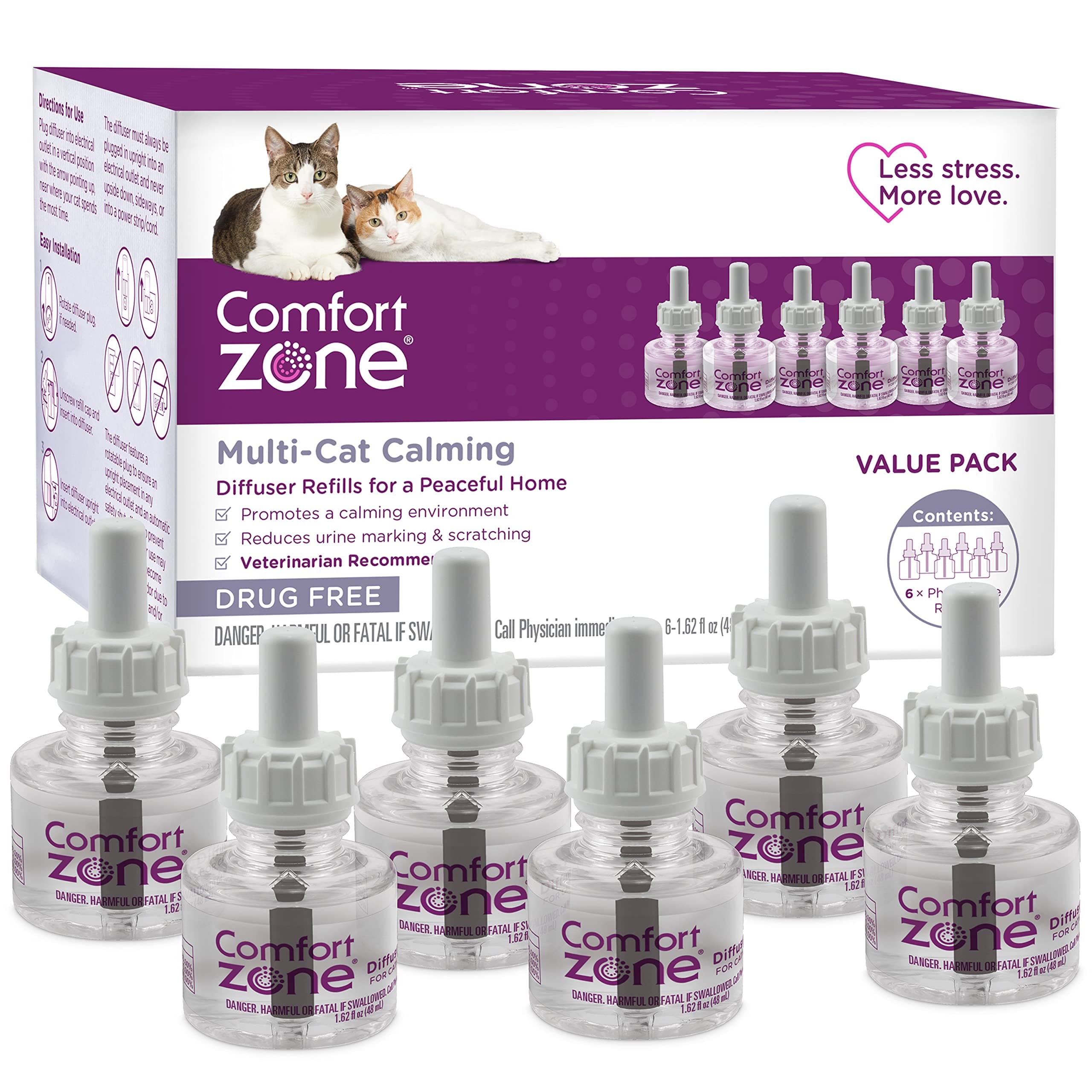 COMFORT ZONE Multi Cat Calming Diffuser Refill, 6 Pack – Cat Calming Pheromone Refills Help Reduce Anxiety, Stress, Scratching, Urine Marking, Multi-Cat Aggression, (30-Day Refills, 180-Day Supply)