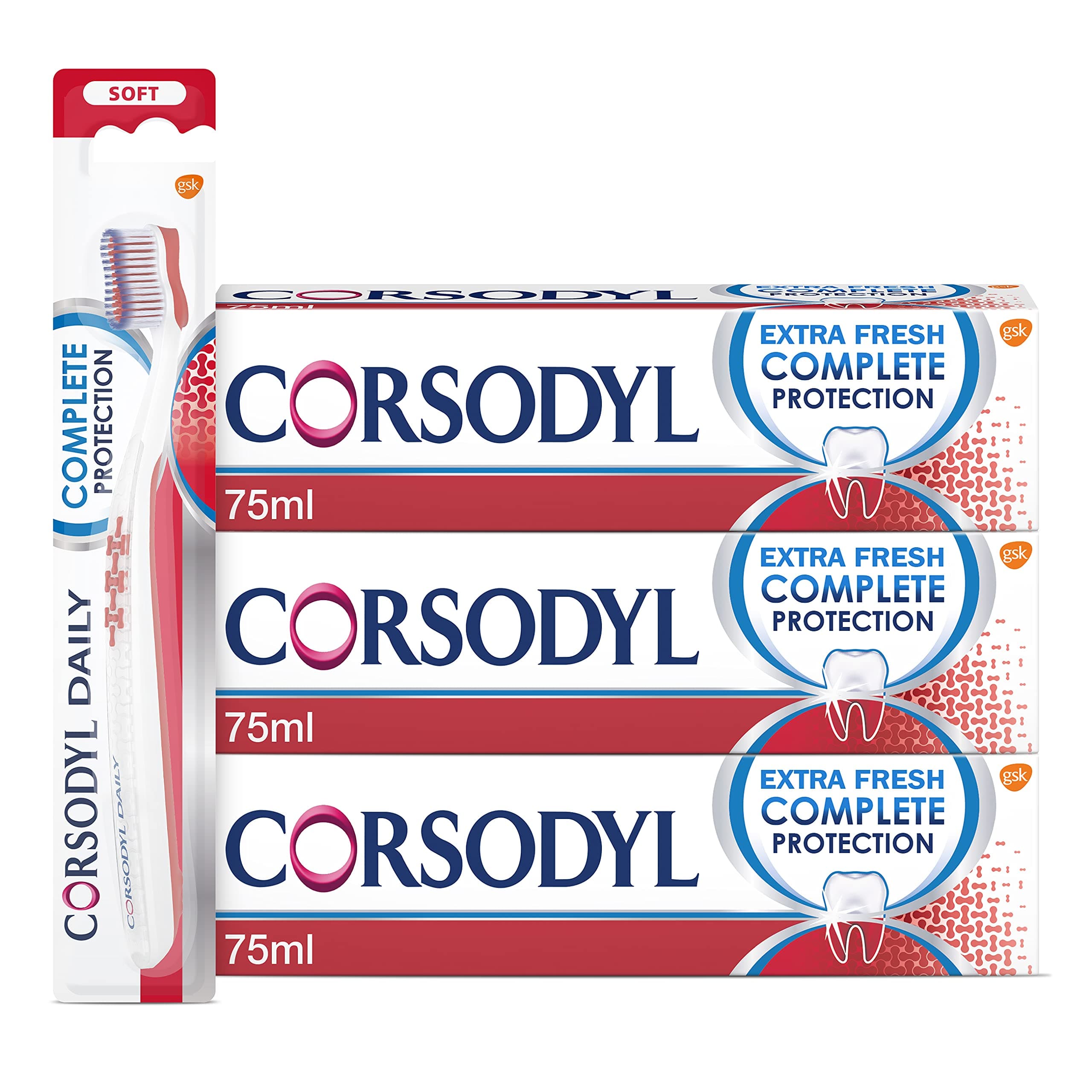 Complete Protection Bundle: 3X Complete Protection Extra Fresh Toothpaste 75ml & 1X Corsodyl Soft Toothbrush