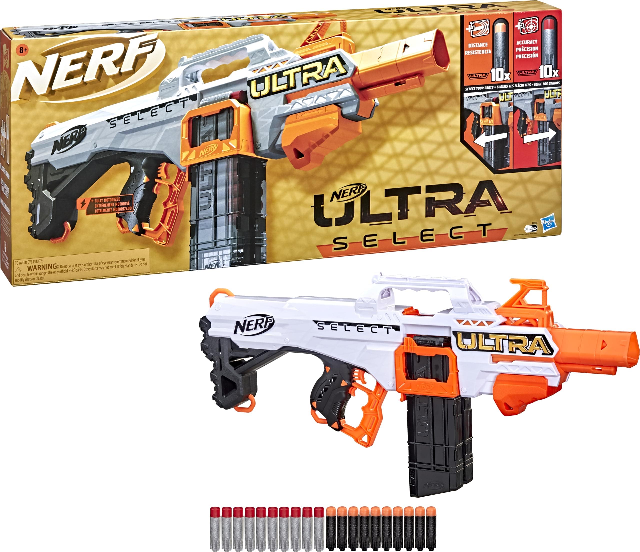 Ultra Select Fully Motorized Blaster, Fire for Distance or Accuracy, Includes Clips and Darts, Outdoor Games and Toys, Automatic Electric Full Auto Toy Foam Blasters