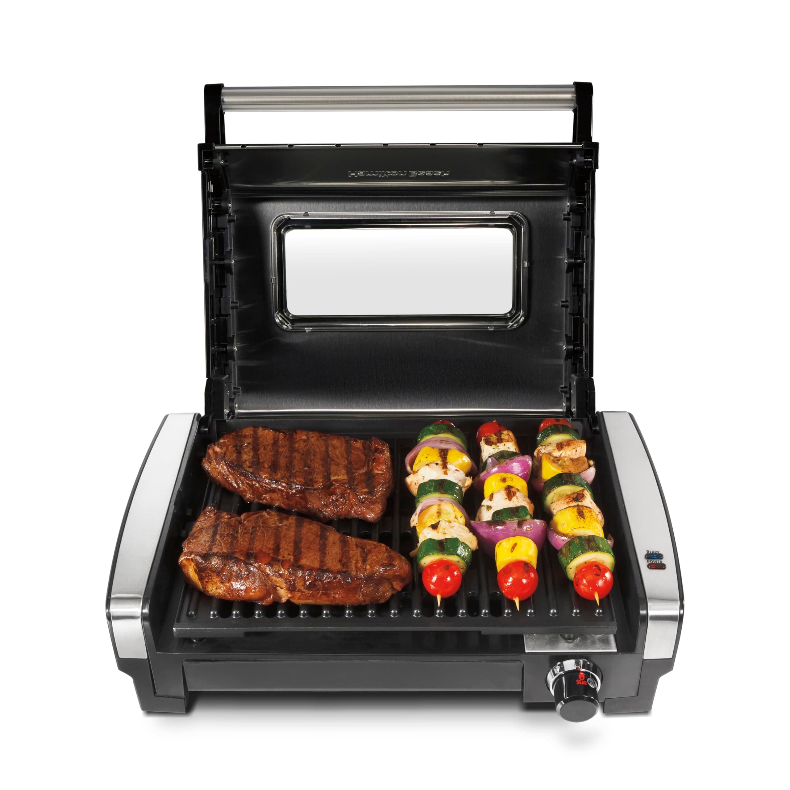 Electric Indoor Searing Grill with Viewing Window & Adjustable Temperature Control to 450F, 118 sq. in. Surface Serves 6, PFAS-Free Removable Nonstick Grate, Stainless Steel