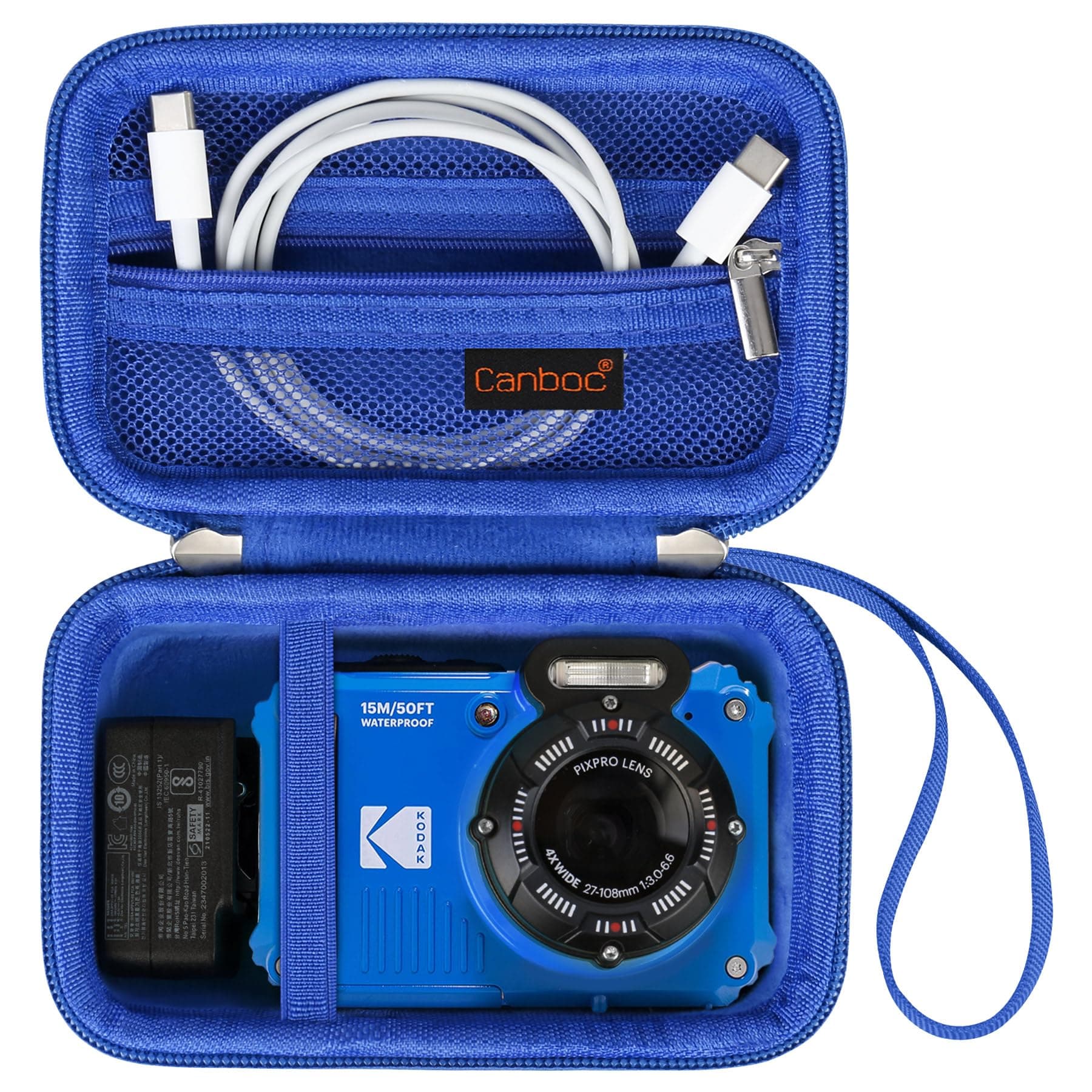 Canboc Carrying Case for KODAK PIXPRO WPZ2 Rugged Waterproof Digital Camera, Underwater Photography Camera Bag, Mesh Pocket fits USB Cable, Battery, Adapter, Blue (Case Only)