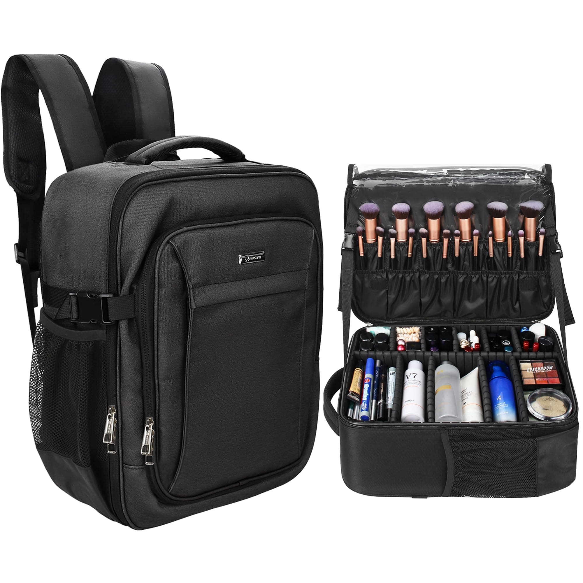 Makeup Backpack, Professional Travel Train Case Makeup Artist Kit Set Bag for Women Extra Large Cosmetic Organizer, Brush Storage Holder, with Adjustable High Dividers, Black