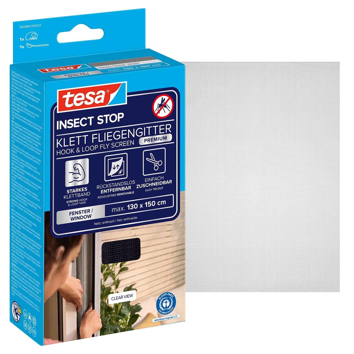 tesa INSECT STOP H&L Fly Screen Premium for Windows, insect screen with strong hook & loop tape, remove without leaving residue, cut to size - 130 cm x 150 cm - Anthracite (Transparent)
