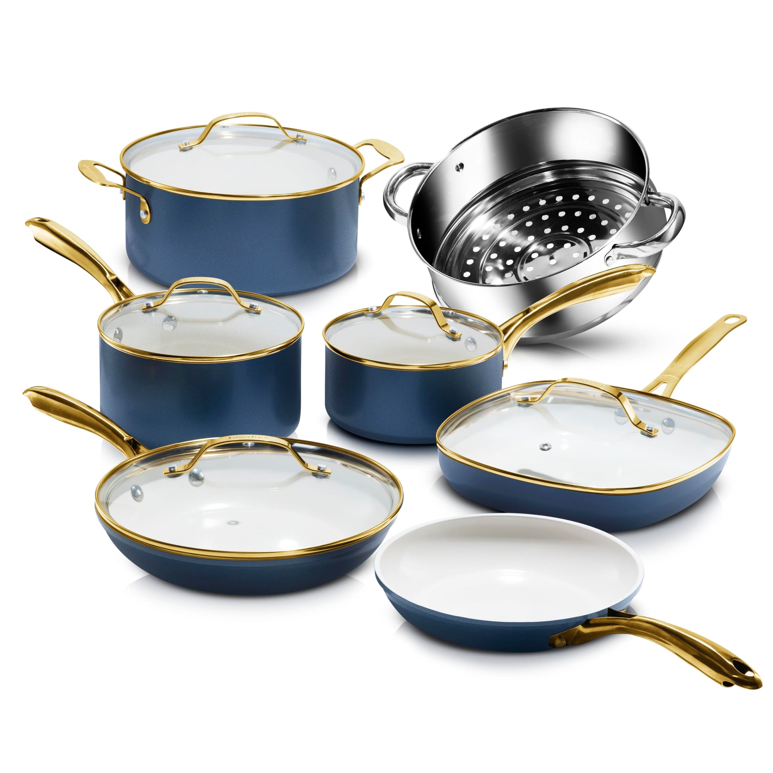 12 Pc Ceramic Cookware Set Nonstick, Ceramic Pots and Pans Set Non Stick with Steamer for Cooking, Non Toxic PFOA PFOS Free, Premium Stay Cool Handles, Oven & Dishwasher Safe