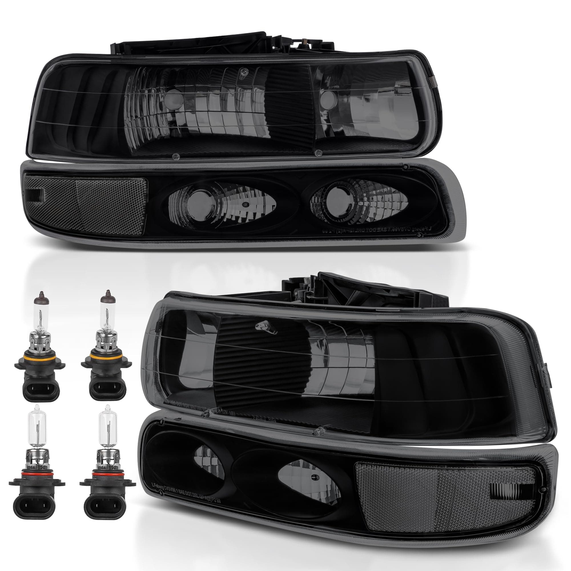 Headlight Assembly Front Lamp Compatible with 1999-2002 Chevrolet Silverado 1500 2500 2000-2006 Suburban 1500 2500 Tahoe Black Housing/Smoked lens/Transparent Corner w/Bulb