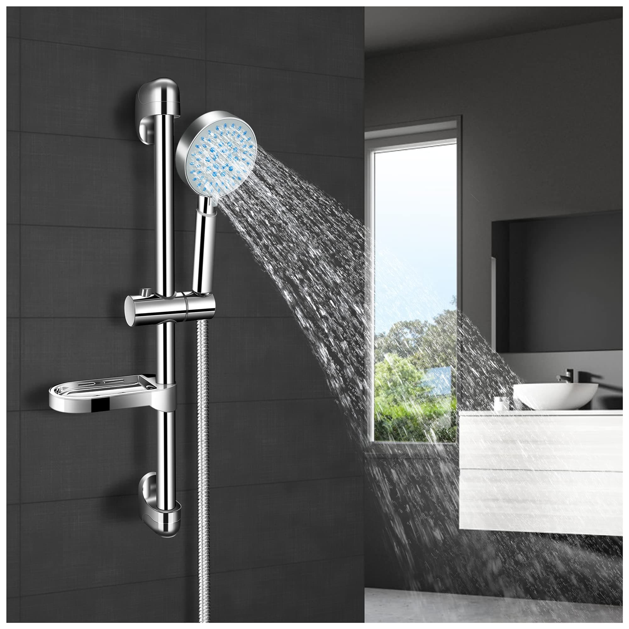 Shower System Set - Shower Head - PGFUNNY 5 Spray Modes High Pressure Shower Heads,Shower Pole,Shower Rail,Shower Hose 2m and Shower Head Holders Set,for Adults Children Pets Home and Gym Bathroom