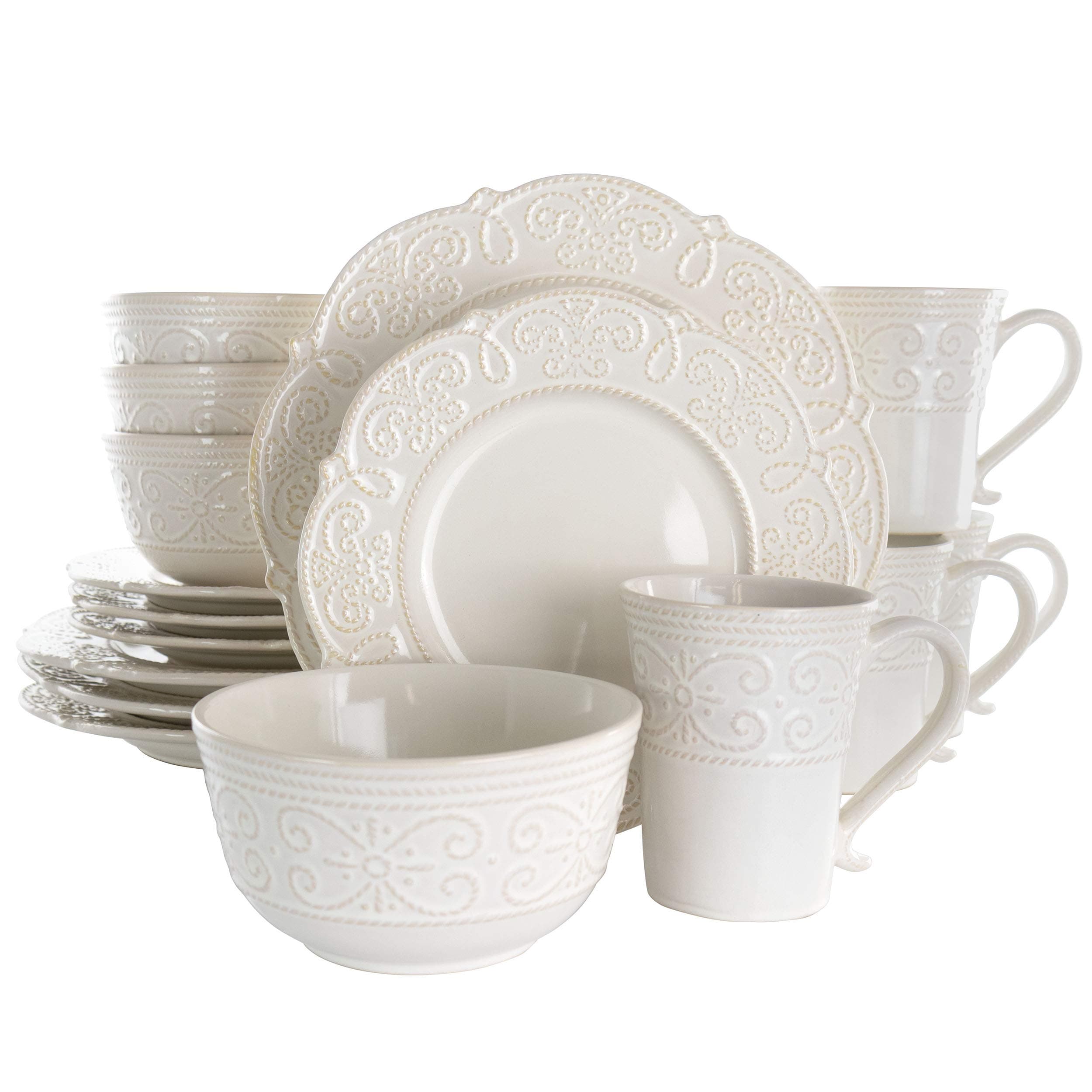 Round Decorated Stoneware Scallop Embossed Dinnerware Dish Set, 16 Piece, Luna