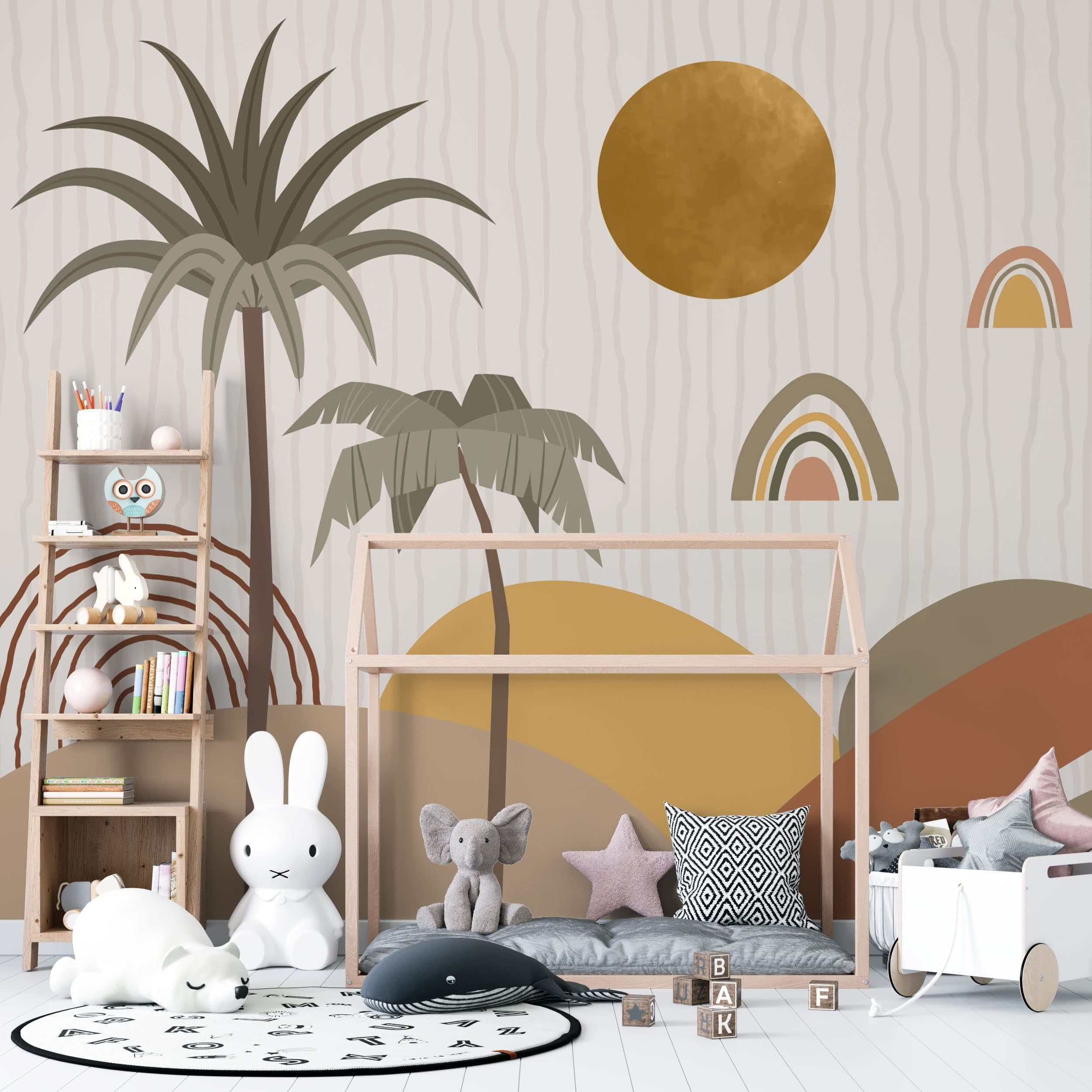 Muravie Boho Palm Tree with Sun Wallpaper- Boho Wall Mural- Living room Boho Decor - Custom Size- Peel and Stick (Palm Tree Wallpaper)