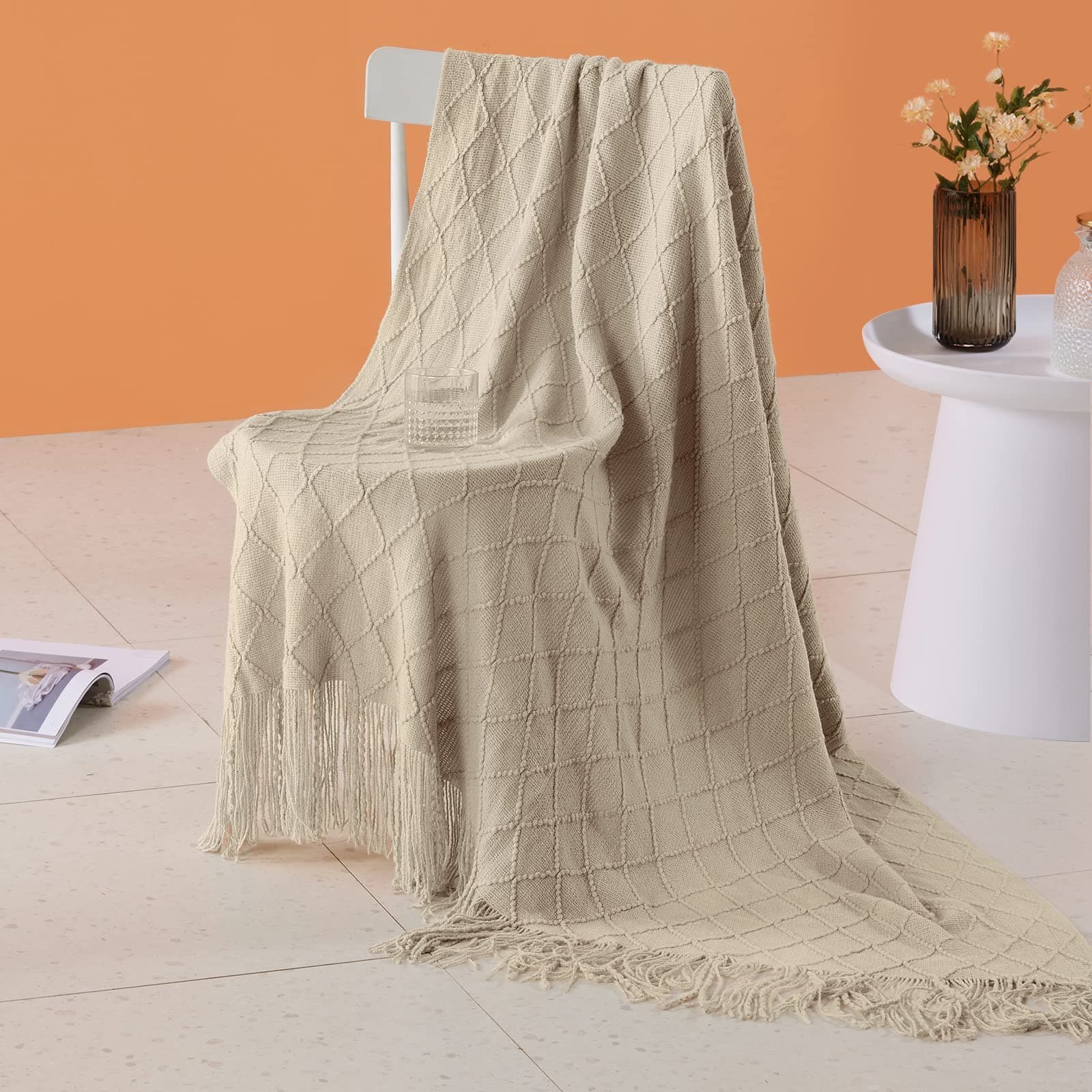 Touchat Knitted Beige Throw Blankets for Couch, Sofa and Bed, Lightweight Soft Knit Blanket with Tassel, Decorative Cozy Farmhouse Throw Blankets for Women and Man (Beige, 50''x60'')