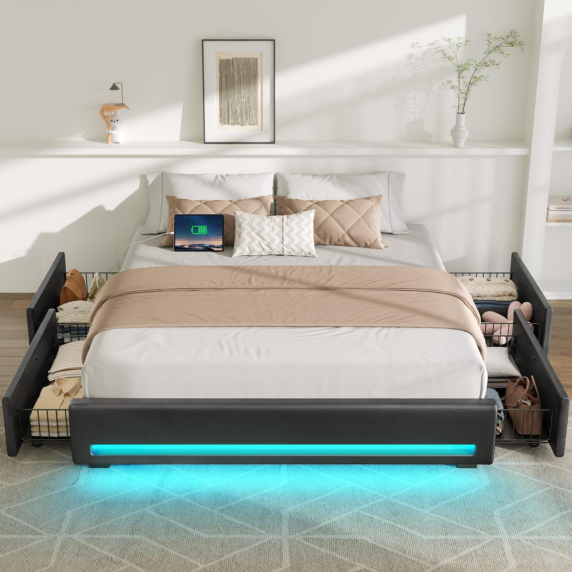Rolanstar Full Size Bed Frame with 4 Storage Drawers & Charging Station, Upholstered Platform Bed with LED Light, Heavy Metal Slats Support, No Box Spring Needed, Noise Free, Easy Assembly, Black