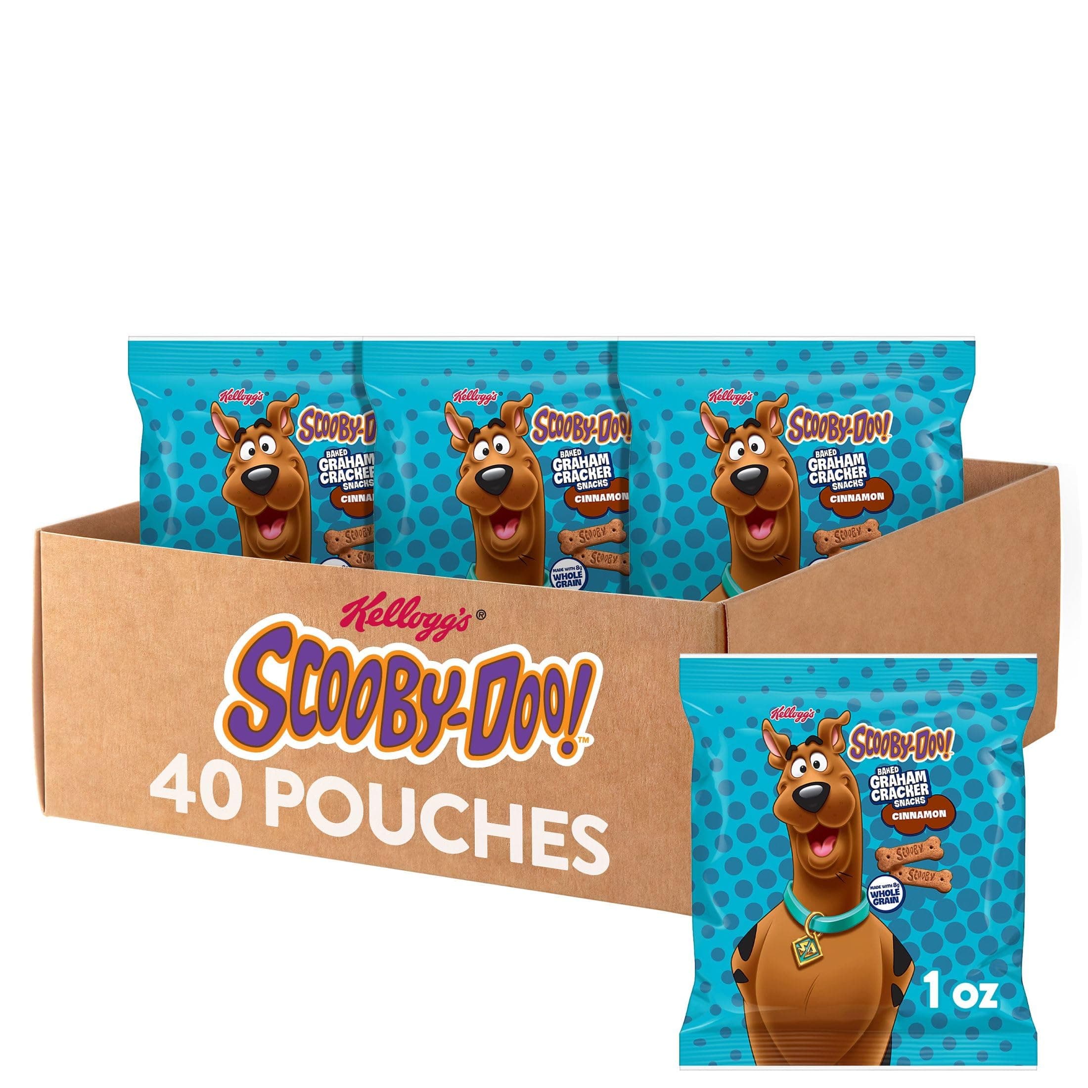 Kellogg's SCOOBY-DOO! Baked Graham Cracker Snacks, Made with Whole Grain, Kids Snacks, Cinnamon (1 oz) (40 Pouches)