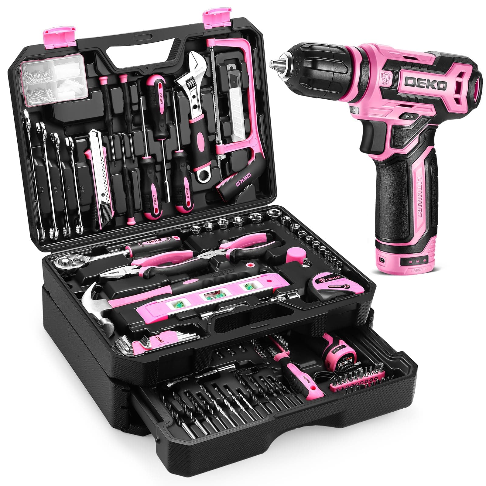 Pink Tool Kit Box Drill Set:DEKOPRO Home Mechanic Toolbox with 12V Power Cordless Drill Hand Repair Tools Sets Combo Kits Storage Organizer Drawer Case for Men & Women