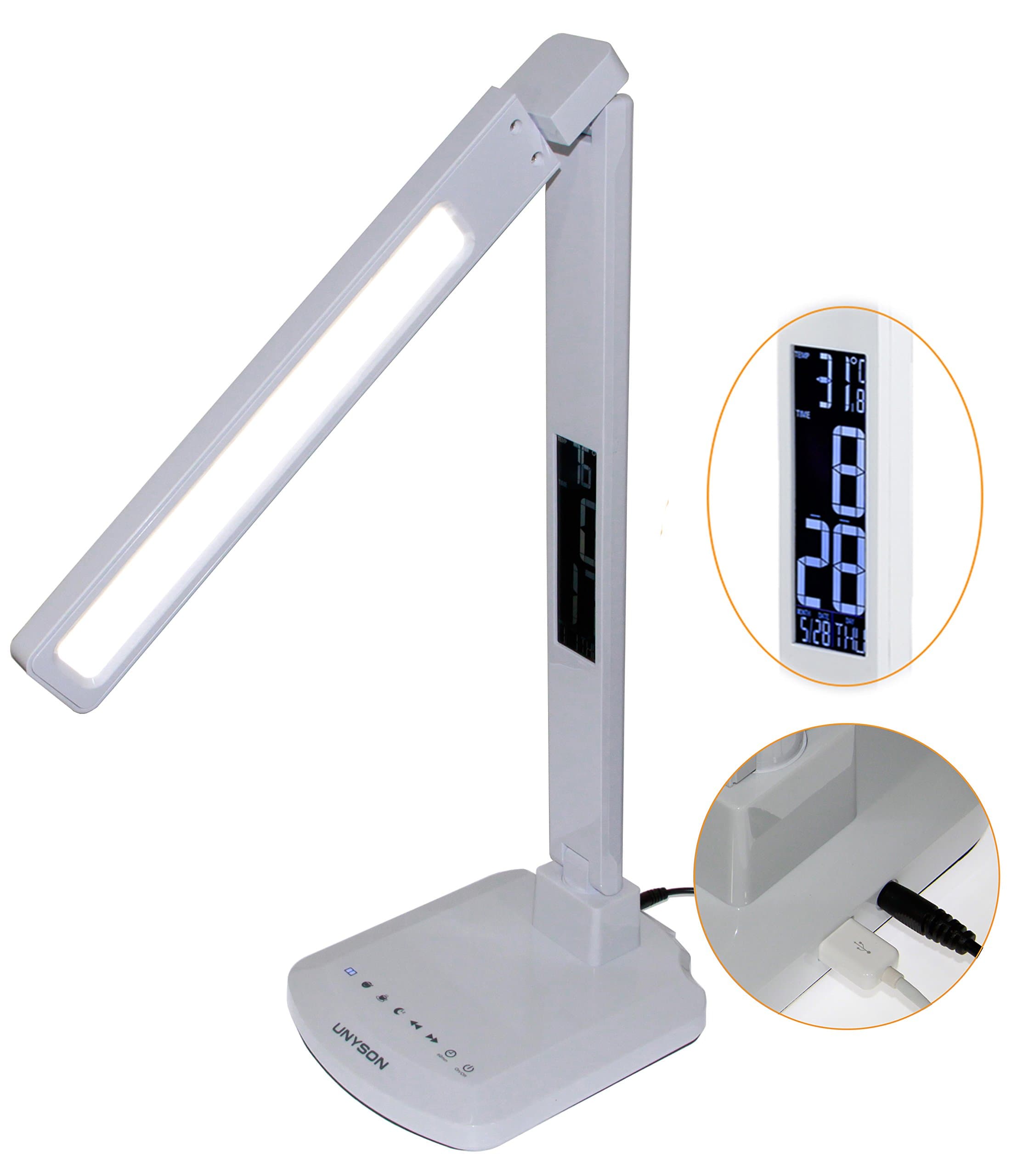UNYSON 15W/ (50W Equivalent) LED Table/Desk Lamp with Clock, Date, Week, Thermal Meter, 4 Light Mode (Warm to Day Light Bright), 5 Step Dimmer, Self-Timer, 2 Body Color (UTL-2000W)