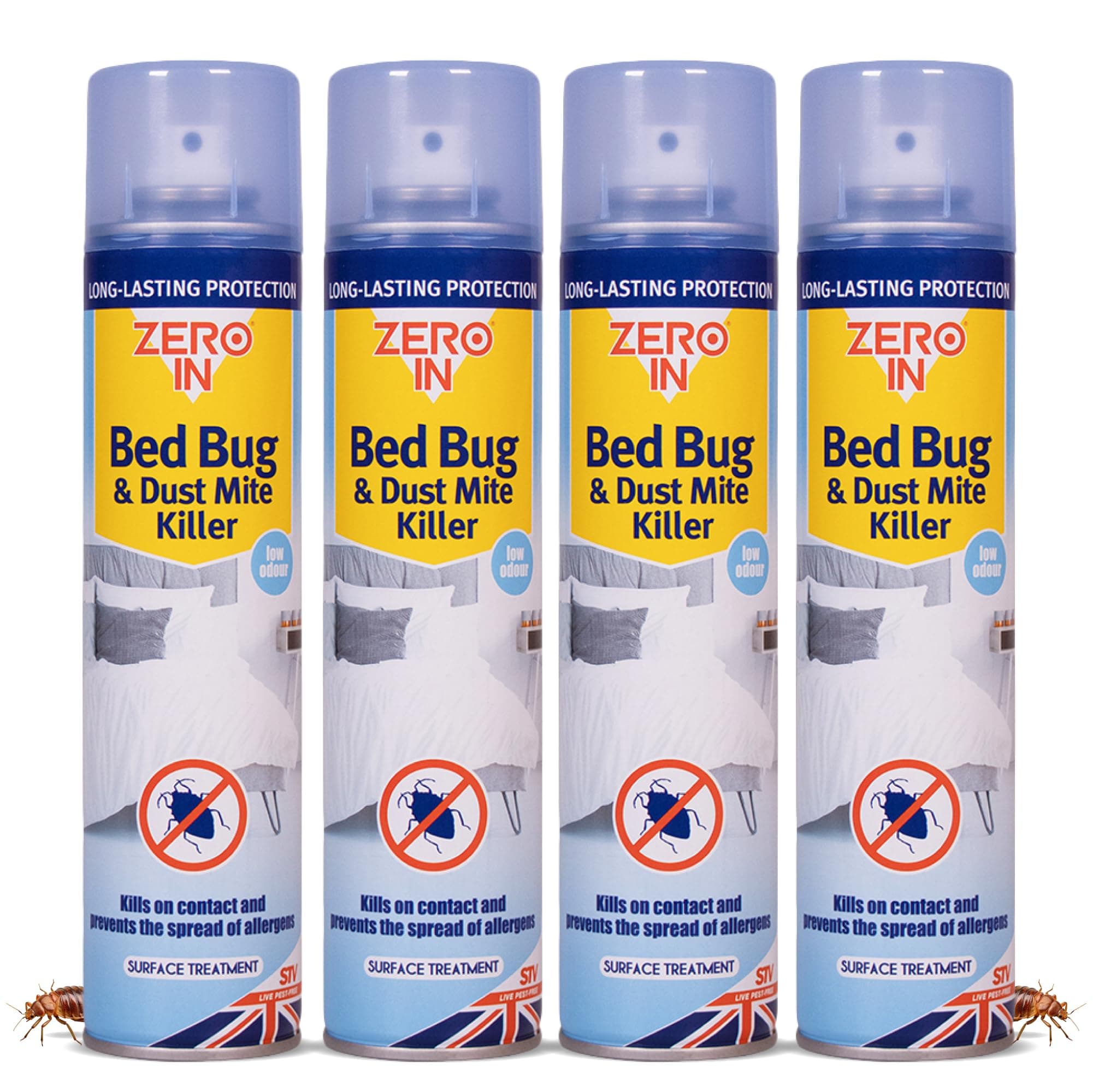 Bed Bug & Dust Mite Killer – Bed Bug Spray for Mattress, Bed Frames & Furnishings - Fast-Acting Aerosol Surface Treatment for Immediate Results - Prevents Allergies - 300ml Multi Packs X4
