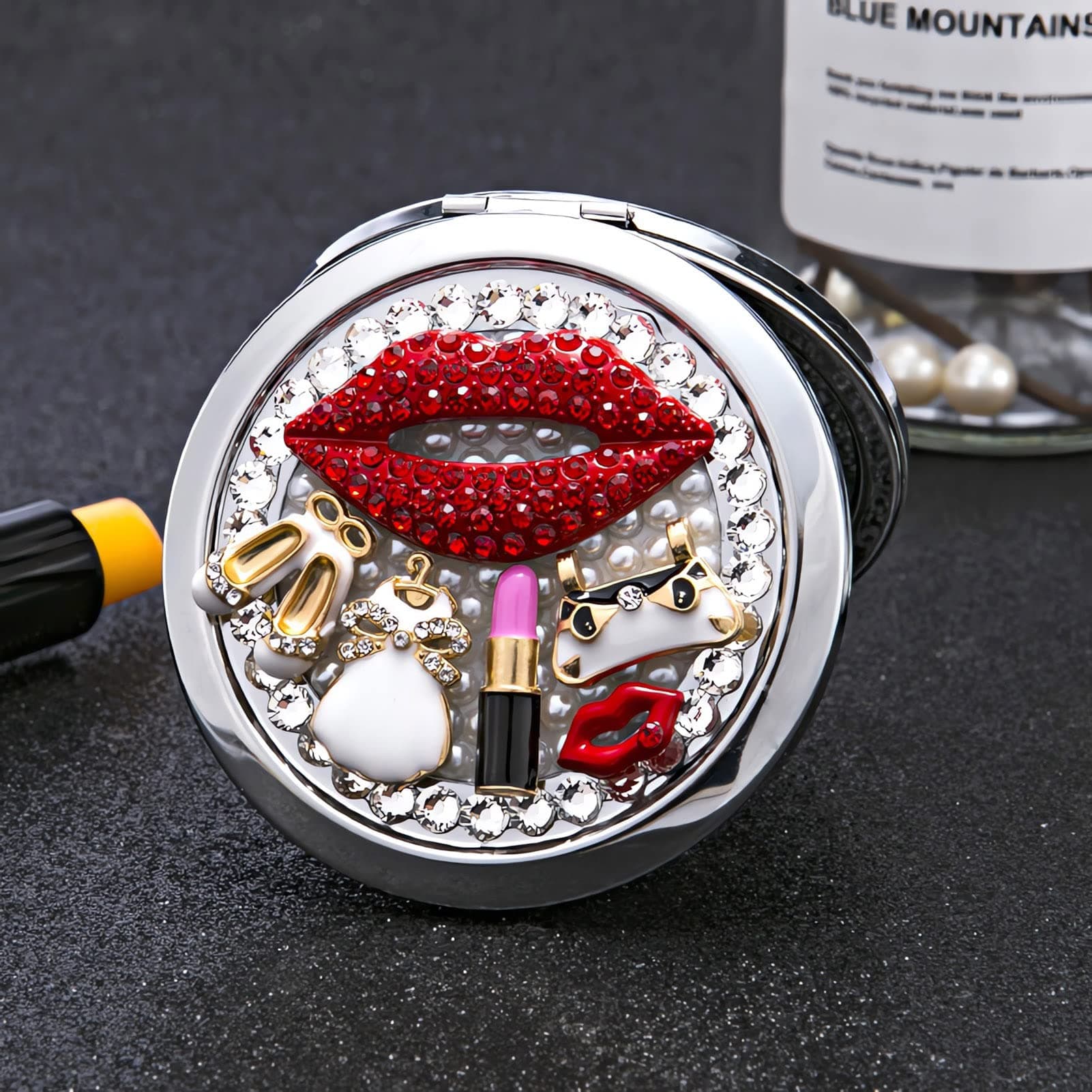 Red Lips 3" Round Compact Mirror, 1x/2x Magnification, Portable & Magnifying, Perfect for Travel & Makeup, Gift Boxed