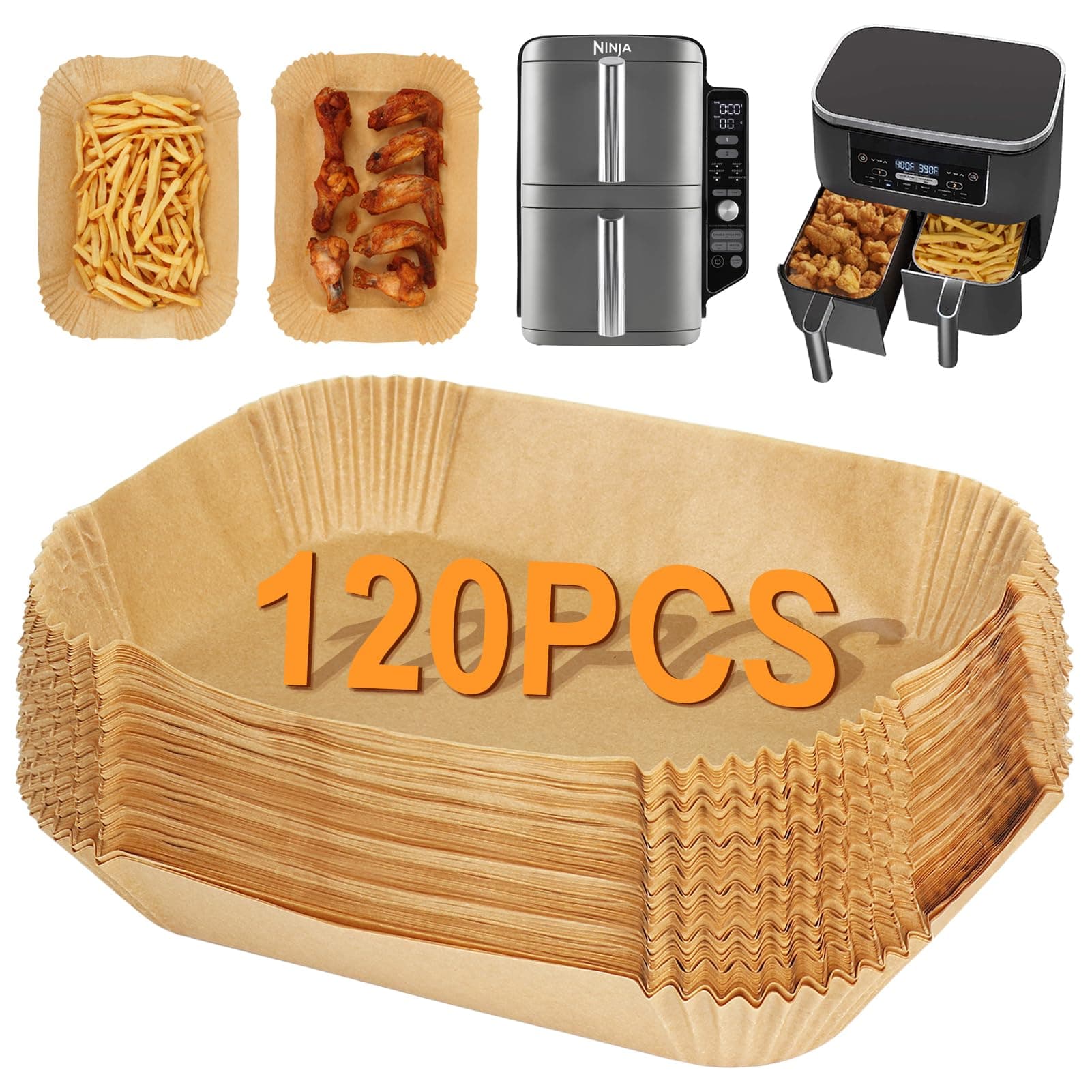 BYKITCHEN 120PCS Air Fryer Liners for Ninja Double Stack XL Air Fryer, Airfryer Accessories for Stacked SL400UK/F300UK/AF400UK/ Foodi Max AF451UK & Other 7.6L/9L/9.5L Dual Drawer