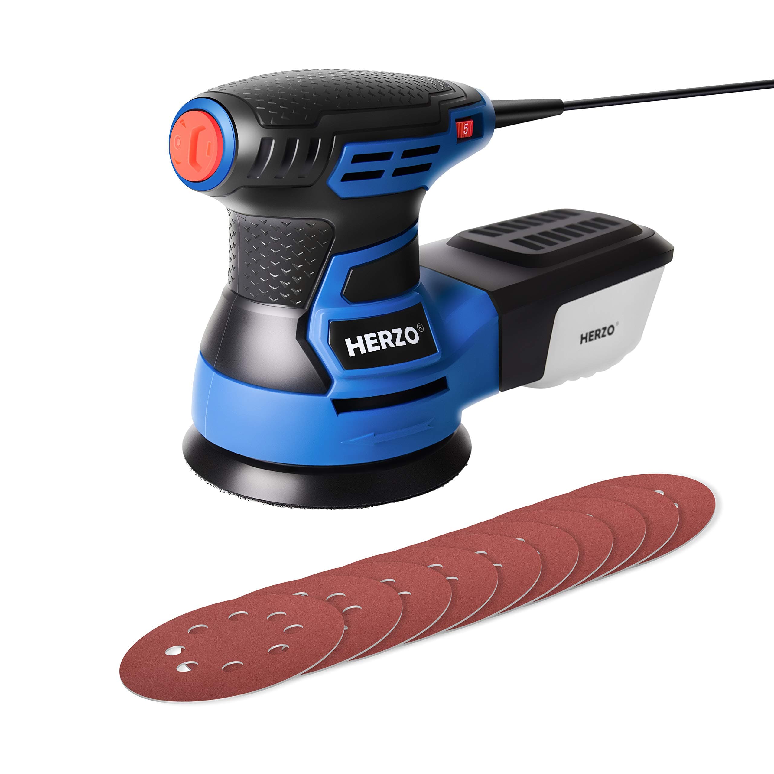 5'' Random Orbit Sander, HERZO 5 Variable Speed 3.0A/13000 Orbital Sander with 10 pcs Sandpaper and High Performance Self-Dust Collection System