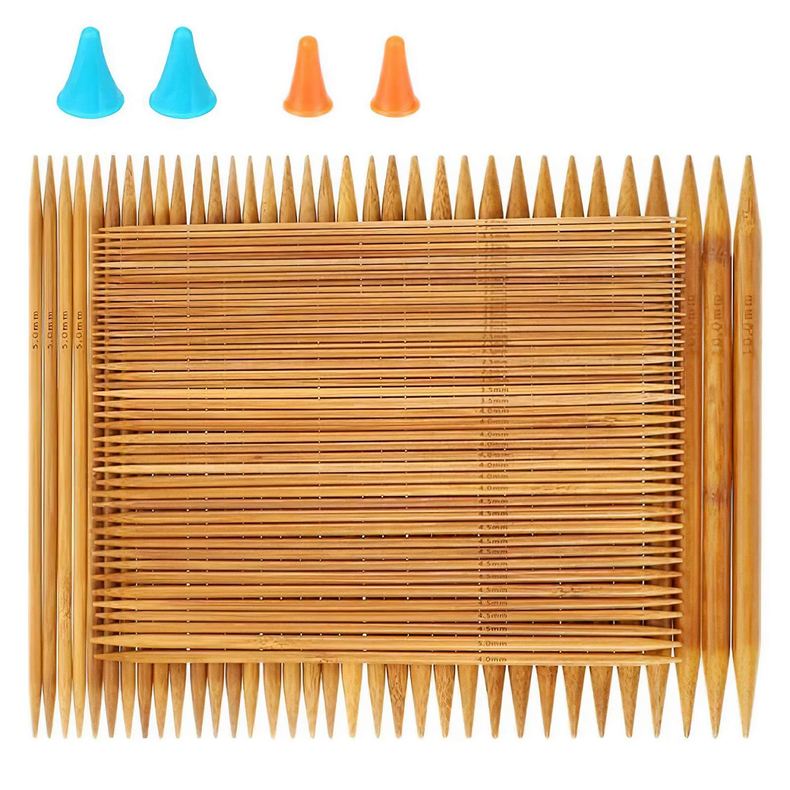 RELIAN Double Pointed , 75 Pcs Bamboo Knitting Needles Set, 15 Sizes from 2.0mm-10.0mm(8 Inches Length)+ 4Pcs Knitting Needles Point Protectors