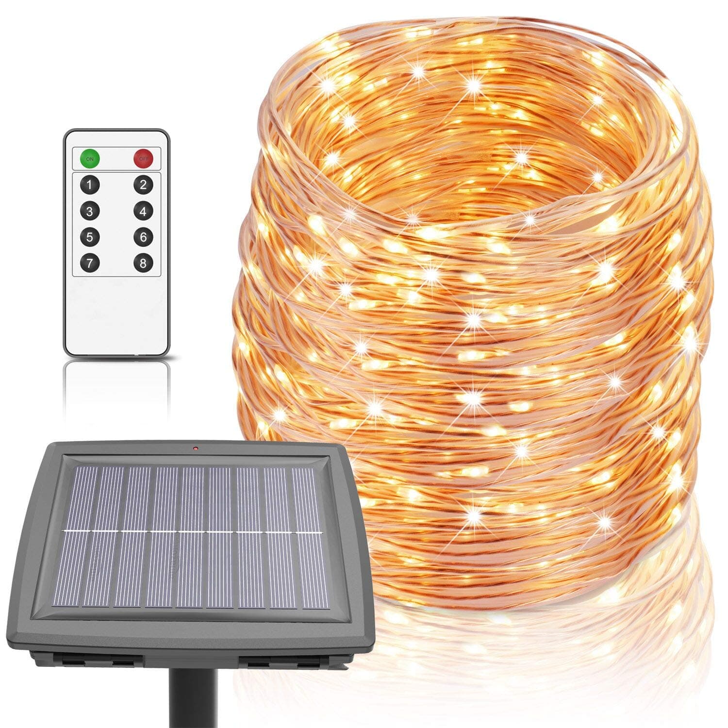 100 Ft Solar Rope Lights, Outdoor String Lights Powered by Solar and Battery, 8 Modes 300 LEDs IP67 Waterproof Solar Fairy Lights with RF Remote for Patio Garden Party Home Decor (Warm White)