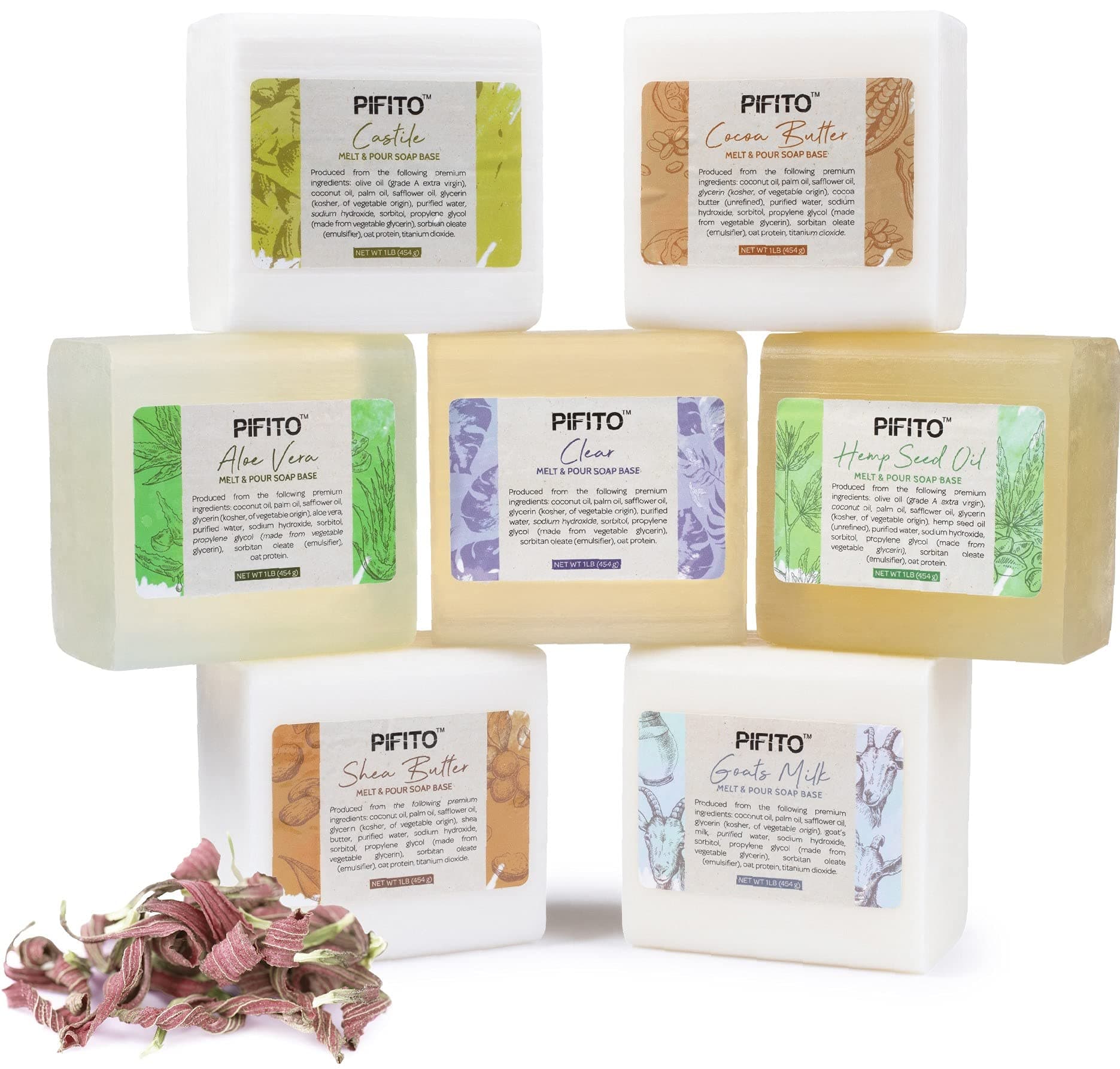 Pifito Melt and Pour Soap Base Sampler (7 lbs) │ Assortment of 7 Bases (1lb ea) │ Hemp Seed Oil Style, Clear, Aloe Vera, Goats Milk, Cocoa Butter, Shea Butter, Castile │ Glycerin Soap Making Supplies