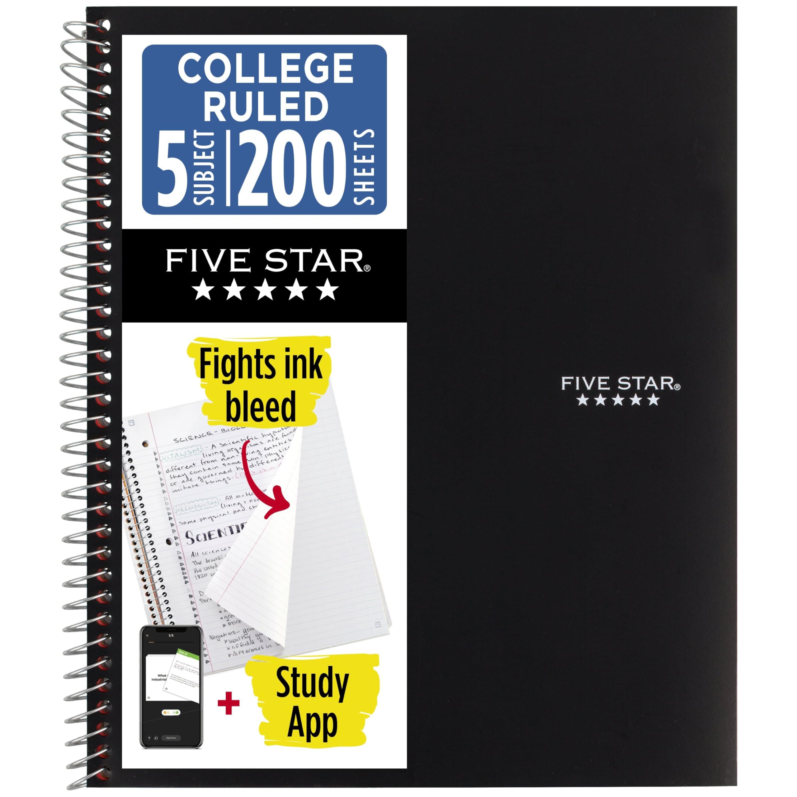 Five Star Spiral Notebook + Study App, 5 Subject, College Ruled Paper, 8-1/2" x 11", 200 Sheets, Fights Ink Bleed, Water Resistant Cover, Black (72081)