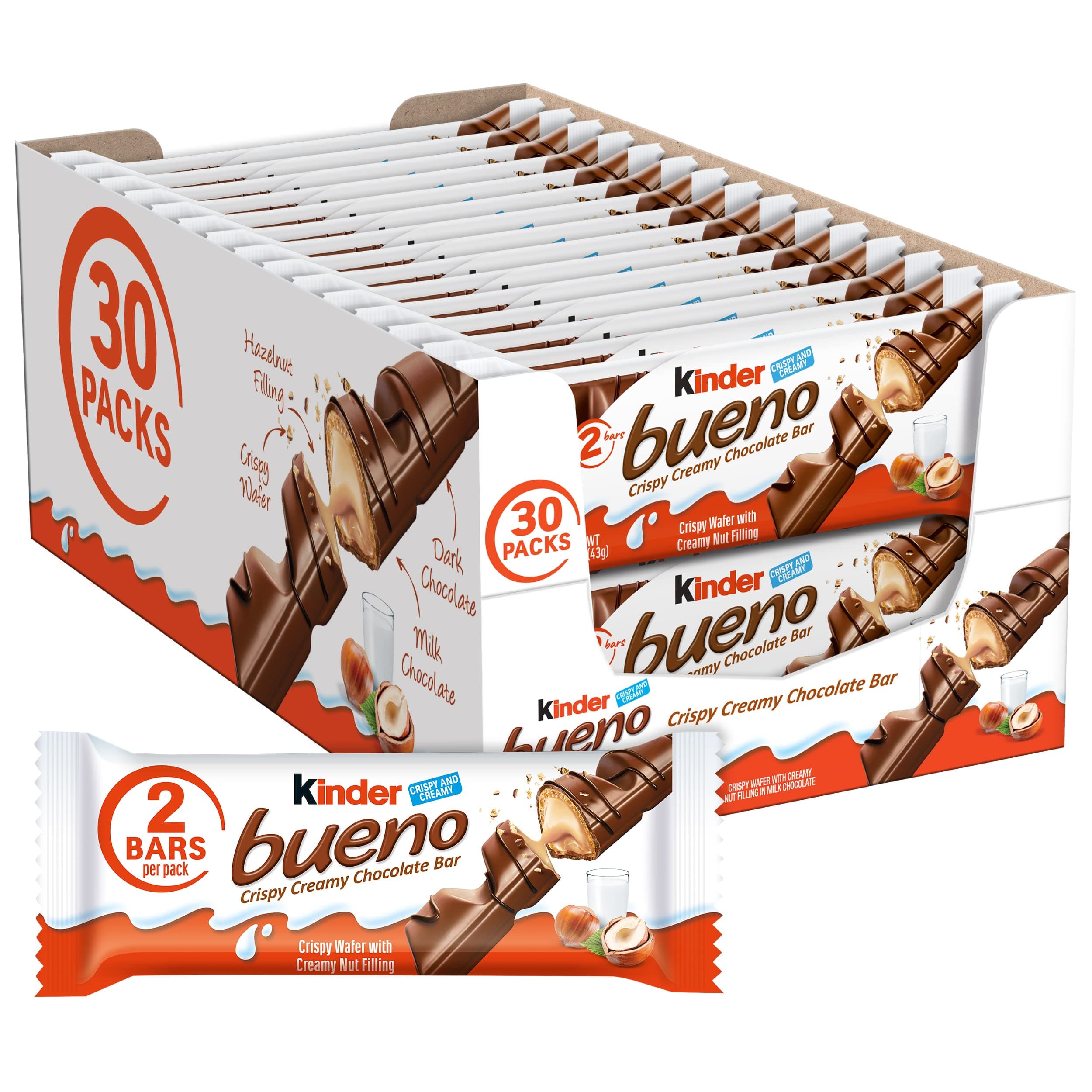Milk Chocolate Bars with Hazelnut Filling, 30 Packs of 2, Bulk Chocolate Candy Bars for Game Day, Football Party Supplies, Snacks for Adults, 1.4 oz Per Pack