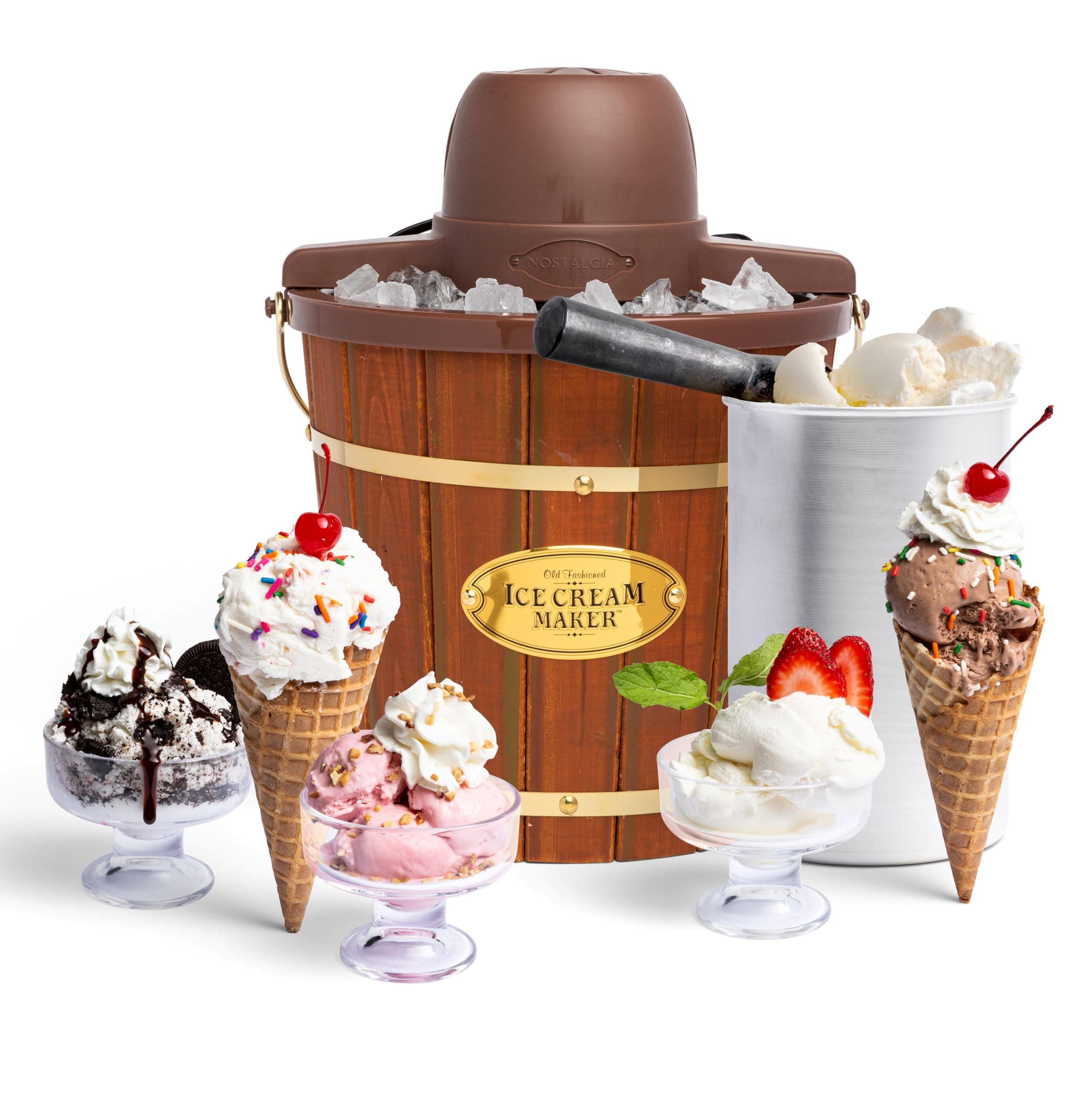 Electric Bucket Ice Cream Maker with Easy-Carry Handle, Makes 4-Quarts in Minutes, Frozen Yogurt, Gelato, Made from Real Wood