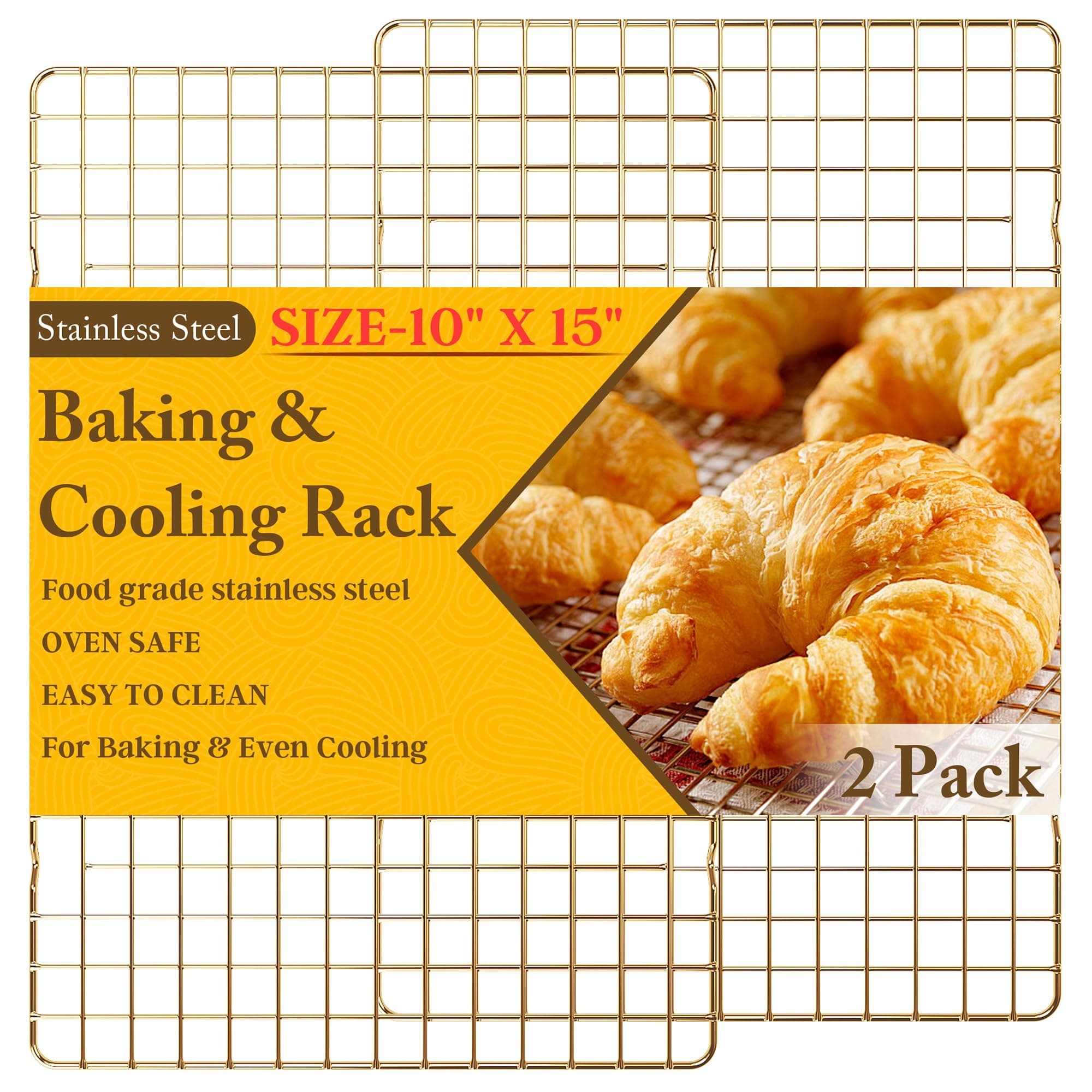 2-Pack Cooling Racks for Cooking and Baking - 10" x 15"Heavy Duty Stainless Steel Wire Rack for Baking, Grilling, Roasting - Oven & Dishwasher Safe - Fits Jelly Roll Sheet Pan(Gold)