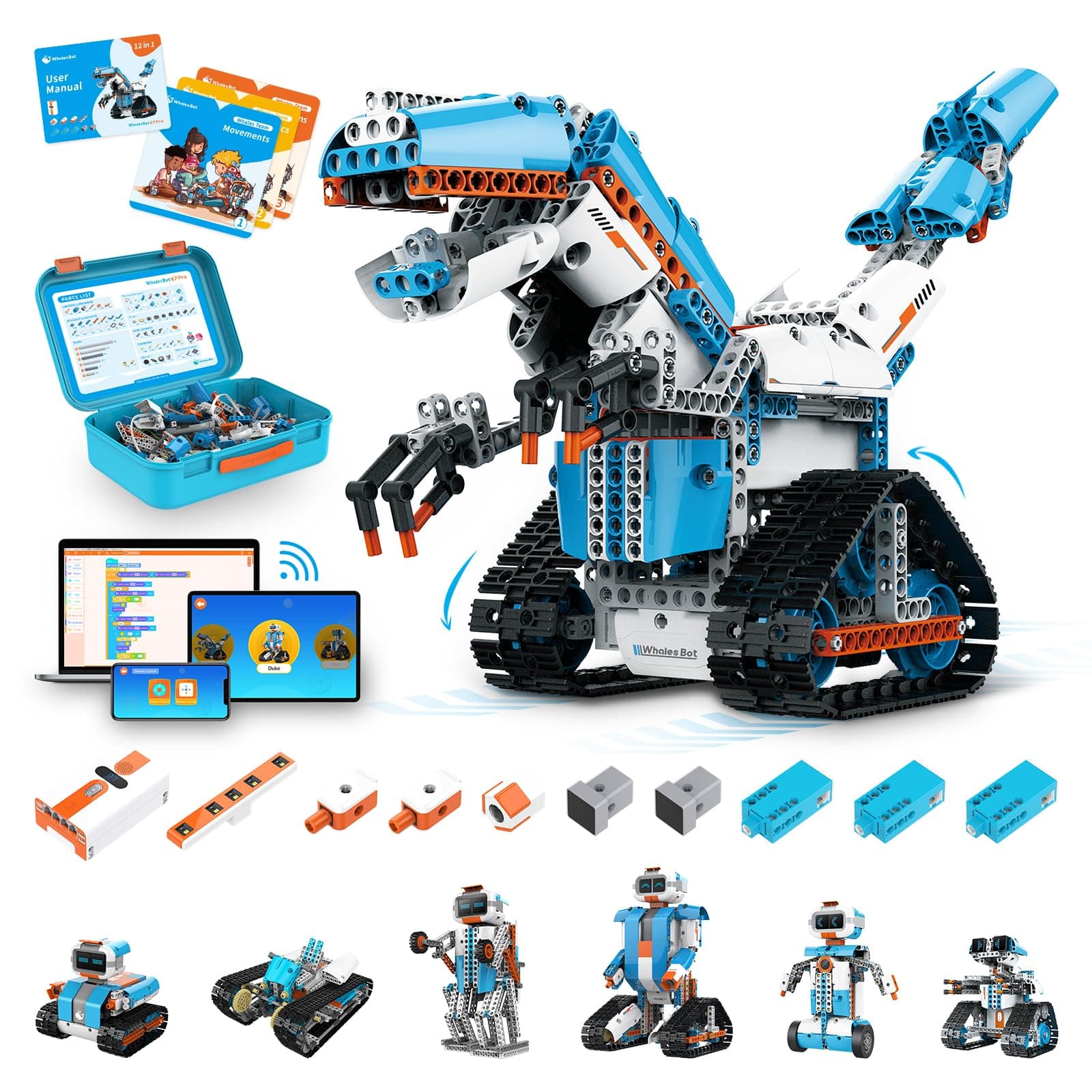 WhalesBot E7 Pro Coding & Remote Control Robot Kit for Kids 8+, Scratch & Modular Programming, Educational Engineering Science Toy Set with Smart Controller/Sensors/Motors for Kids Ages 8-12, 12-16