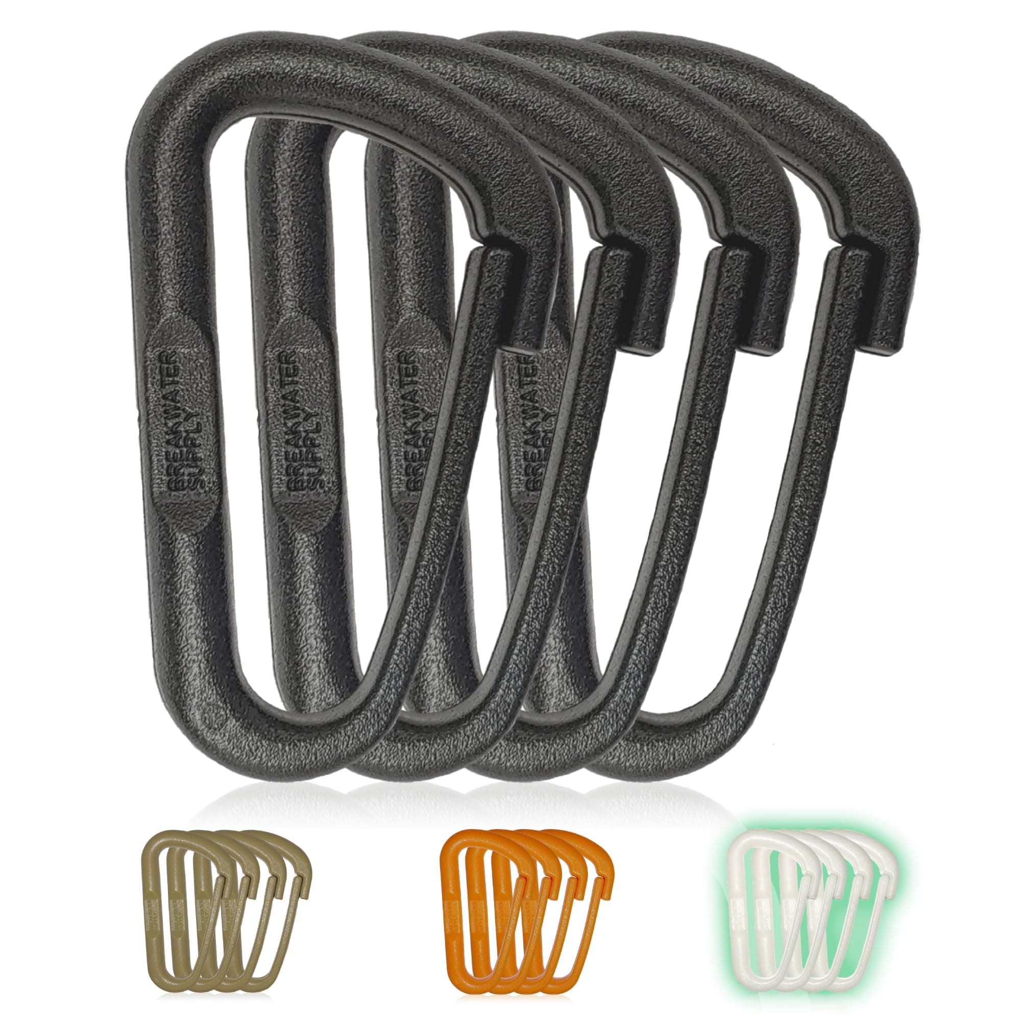 Breakwater Supply™ Hingeless Carabiner Hooks 4 Pack, Small 2-inch Gear Attachment Clips for Backpack, Keys, Keychain, Water Bottle, MOLLE + Ultralight, Tactical, D-Ring, Non-Corrosive, D-Shape