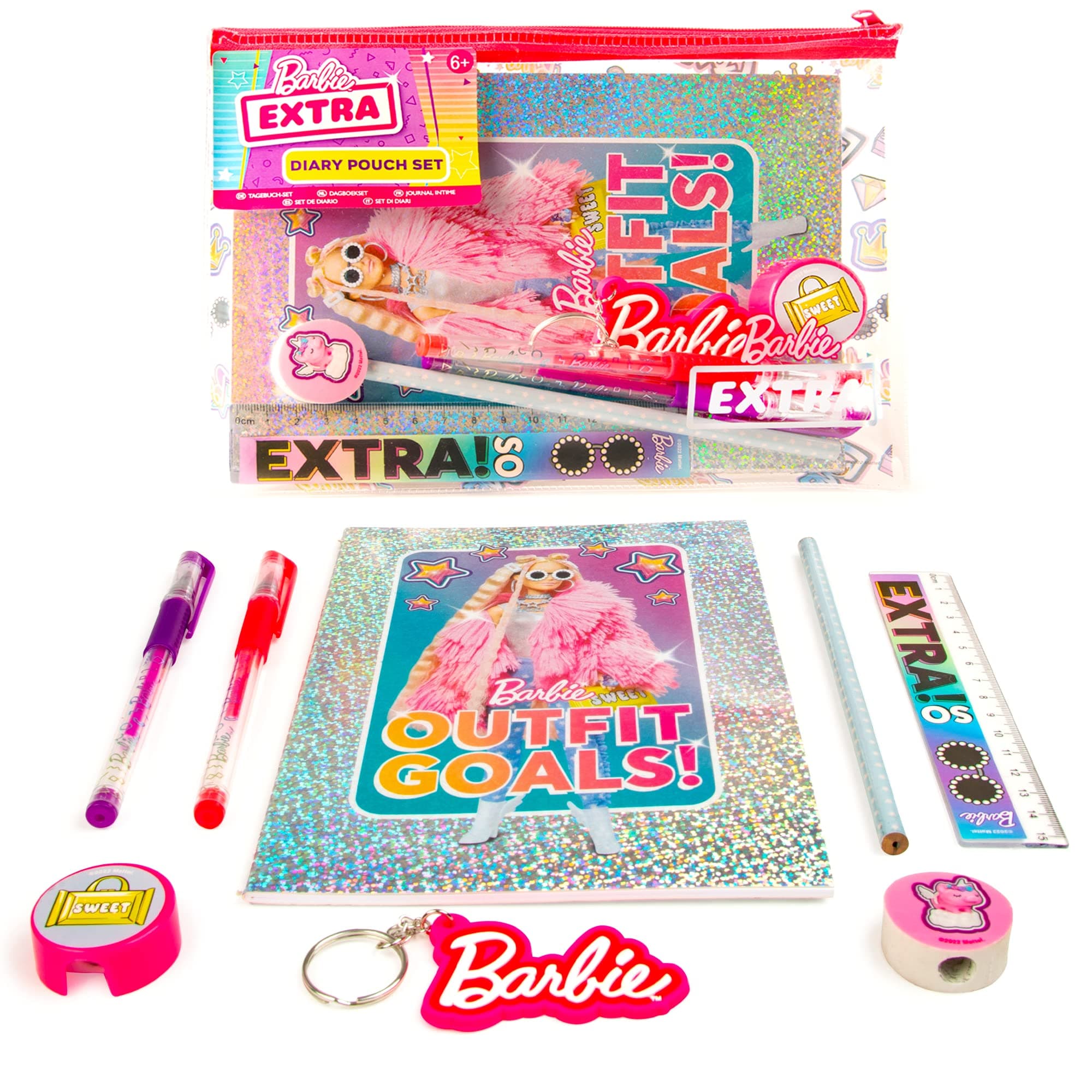 Extra Diary Pouch Set | Stationery Set for Girls | Includes Notebook, Glitter Gel Pens, Mini Ruler & Keyring | Cute Accessories for School, Travel & Gifts |
