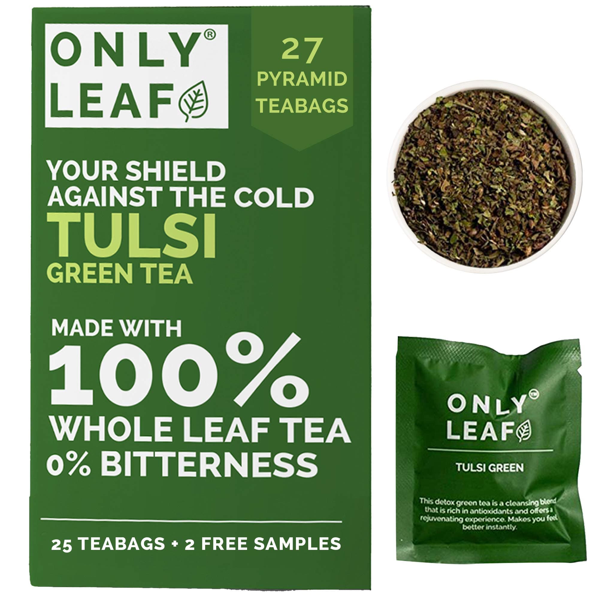ONLYLEAF Tulsi Green Tea for Cold Relief, Made with 100% Whole Leaf & Natural Tulsi (Holy Basil), 27 Pyramid Tea Bags (25 Tea Bags + 2 Free Samples)