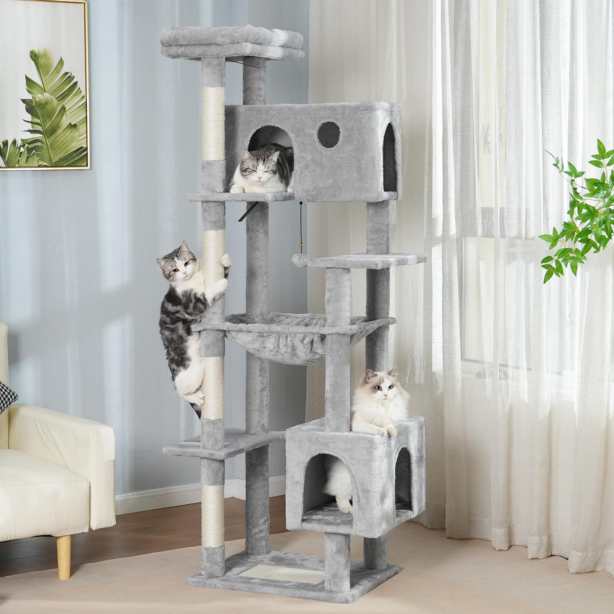 72” Cat Tree for Large Cats Big Cat Tower with Enlarged Hammock 21.6x17.7” Spacious Cats Condo House and Roomy Top Bed and Multiple Scratch Posts for Indoor Adult Cats (Grey, XLarge-72)