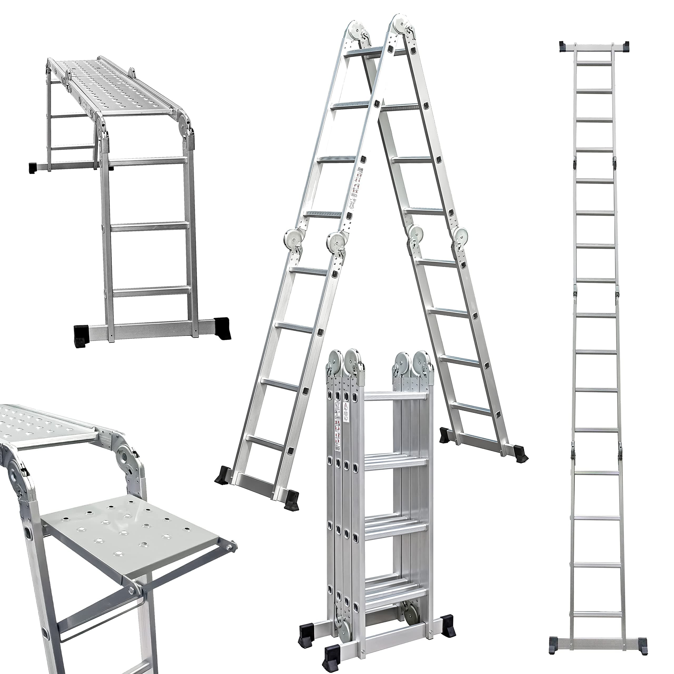 StepIt 14-in-1 Multi Purpose Combination Ladder 4x4 with Tool Tray & Work Platforms - 150kg Extendable Scaffold System 4.7m - Click-Lock Hinges Stabiliser Bars - Aluminium for Stairwell DIY Decorating