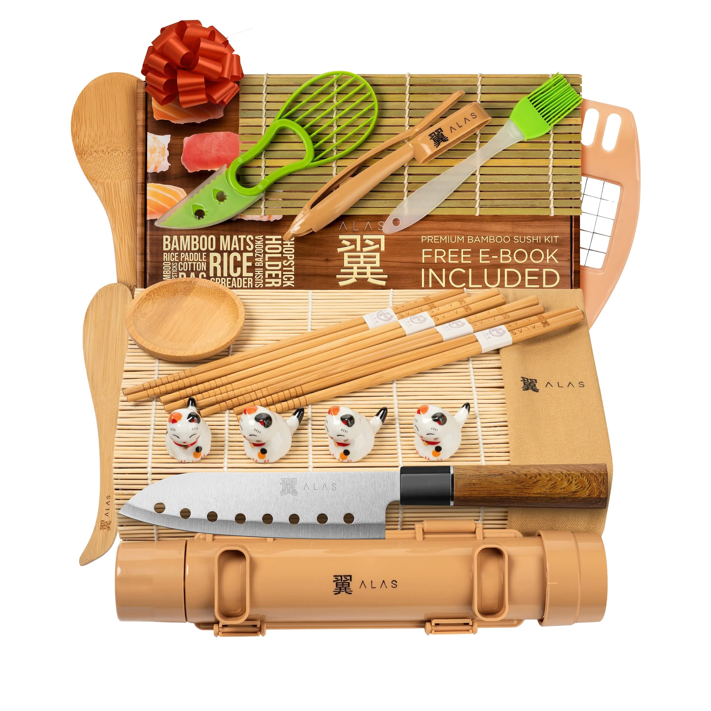 Sushi Making Kit- Complete Sushi Making Kit for Beginners & Pros Sushi Makers, Perfect Sushi Making Kitchen Accessories Like Sushi Knife, 2 Sushi Mats, Rice Bazooka, Dipping Plate, & More (Bamboo)