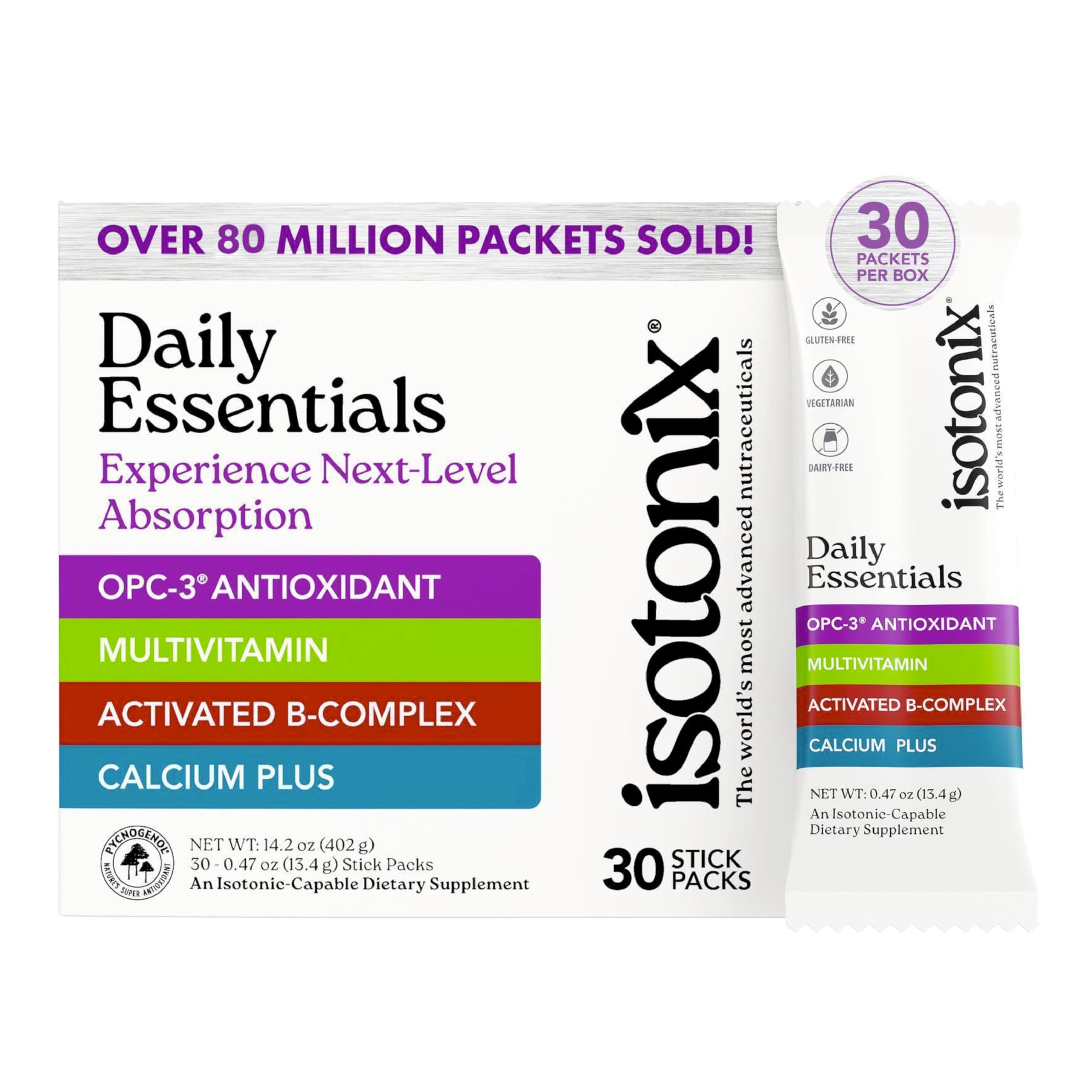 Daily Essentials Multivitamin Powder Packets – 4-in-1 Formula with Multivitamin, Activated B-Complex, Calcium Plus & OPC-3 with Pycnogenol® – Isotonic Delivery – Gluten Free-30 Packets