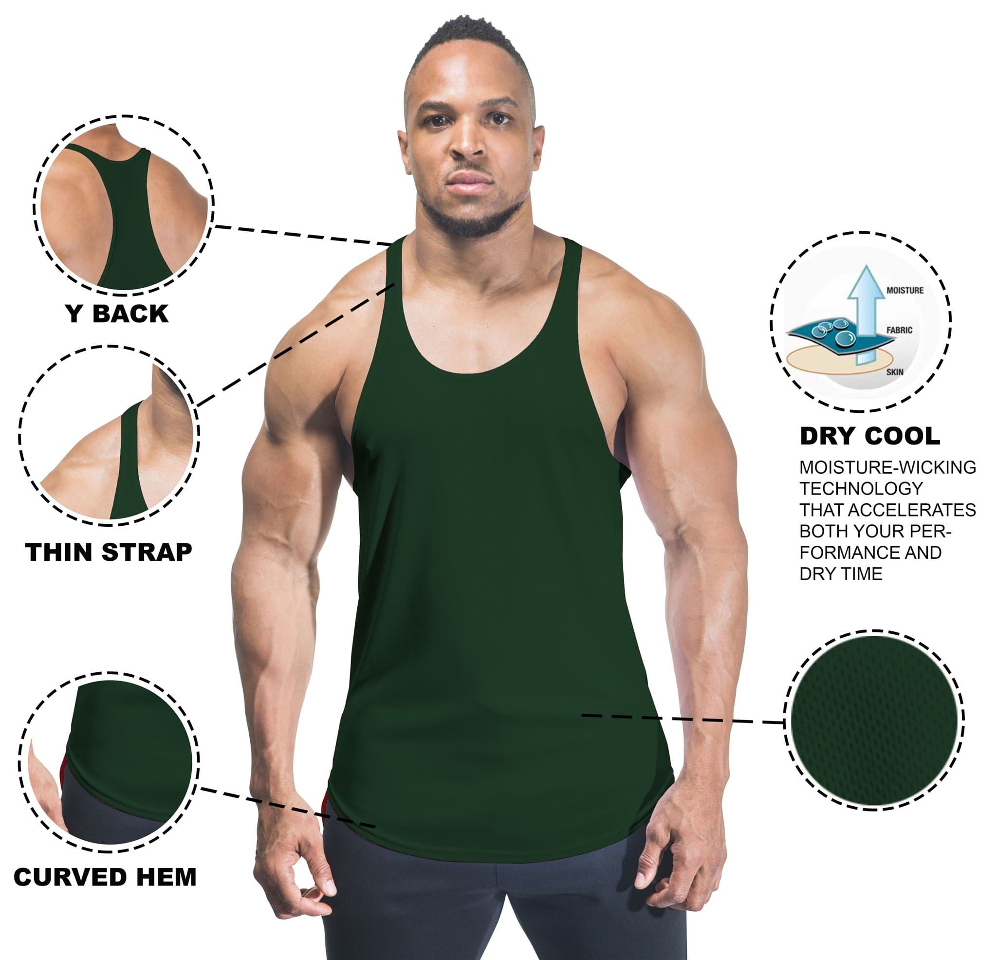 MENS PLAIN POLYESTER BODYBUILDING GYM STRINGER VEST Y BACK RACERBACK TANK TOP RACER DRY COOL GREEN (Small (34”-36”))