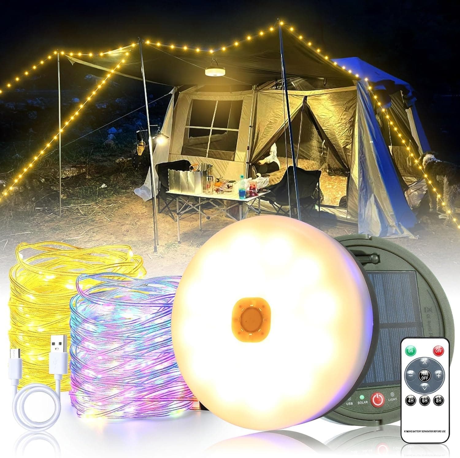 Stowable String Lights 10M,Solar Camping String Lights Reel,USB Rechargeable,3600mAh,Retractable Solar String Lights for Tent Camping Yard Garden Hiking Travel Decorations,Warm White+Color