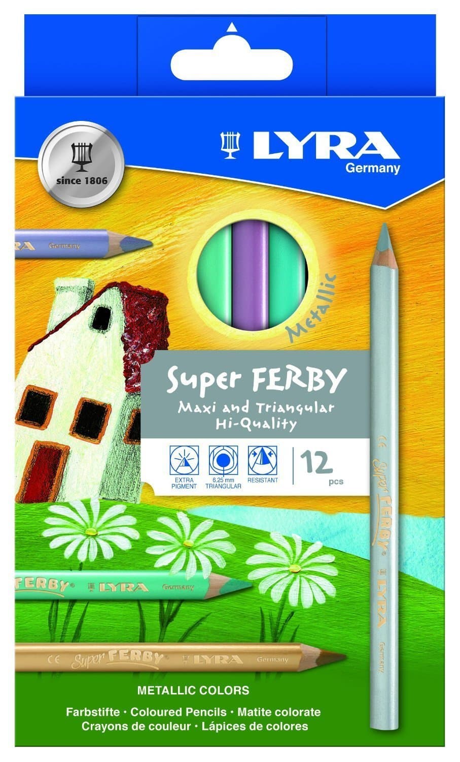 Lyra Super Ferby Triangular Metallic Colored Pencils - Set of 12 Metallic Pencils with A 6.25mm Core - Highly Pigmented Colored Pencils for Artists of All Ages - Durable Pencils for Coloring and More