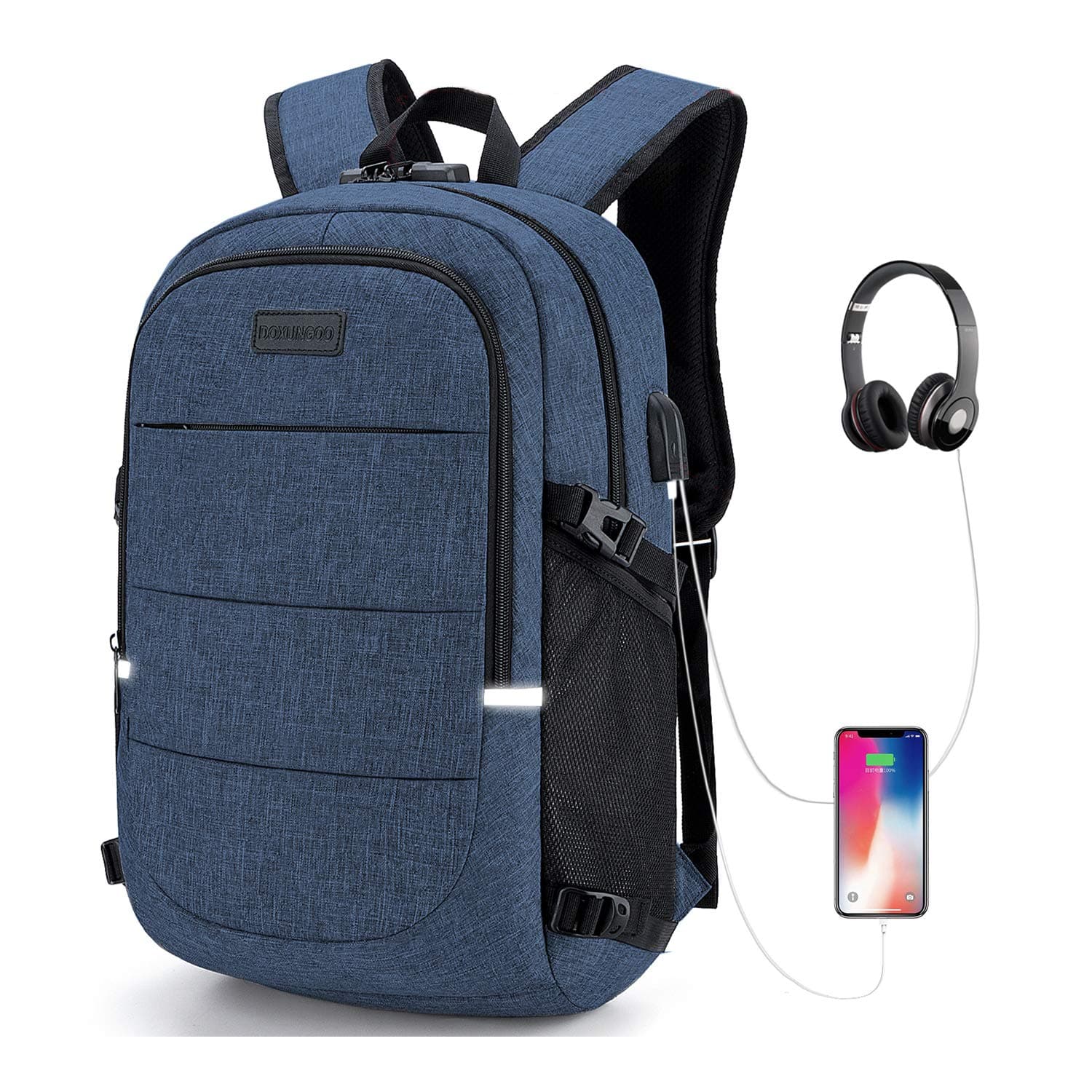 DOXUNGO Anti Theft Backpack with Lock Slim Laptop Backpack with USB Charging Port and Earphone Port For Women and Men, Fits Up to 15.6 Inch Laptop Notebook and Tablet Ipad (Blue)
