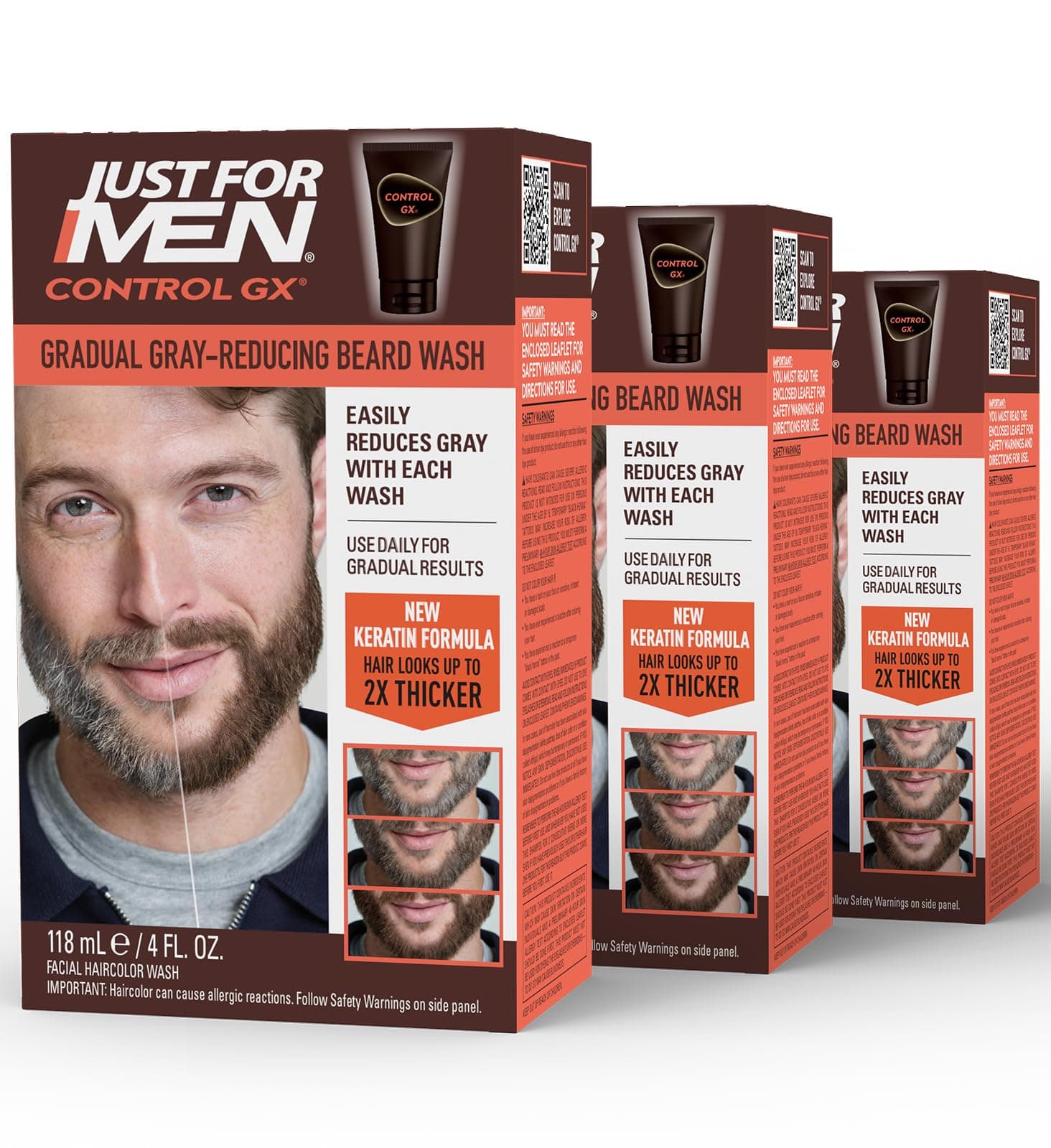 Just For Men Control GX Grey Reducing Beard Wash Shampoo, Gradually Colors Mustache and Beard, Leaves Facial Hair Softer and Fuller, 4 Fl Oz - Pack of 3 (Packaging May Vary)