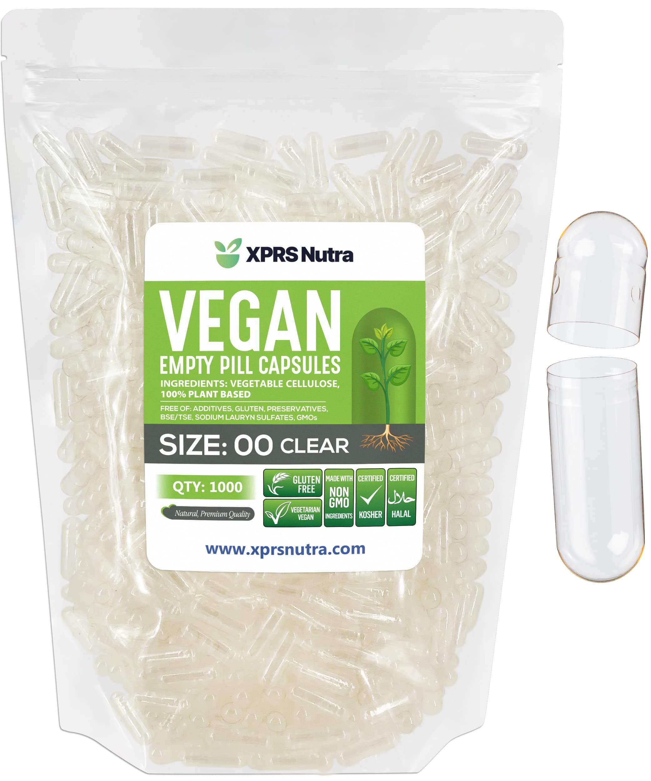 Capsules Express- Size 00 Clear Empty Vegan Capsules 1000 Count - Kosher and Halal - Vegetarian/Vegetable Pill Capsule - DIY Powder Filling