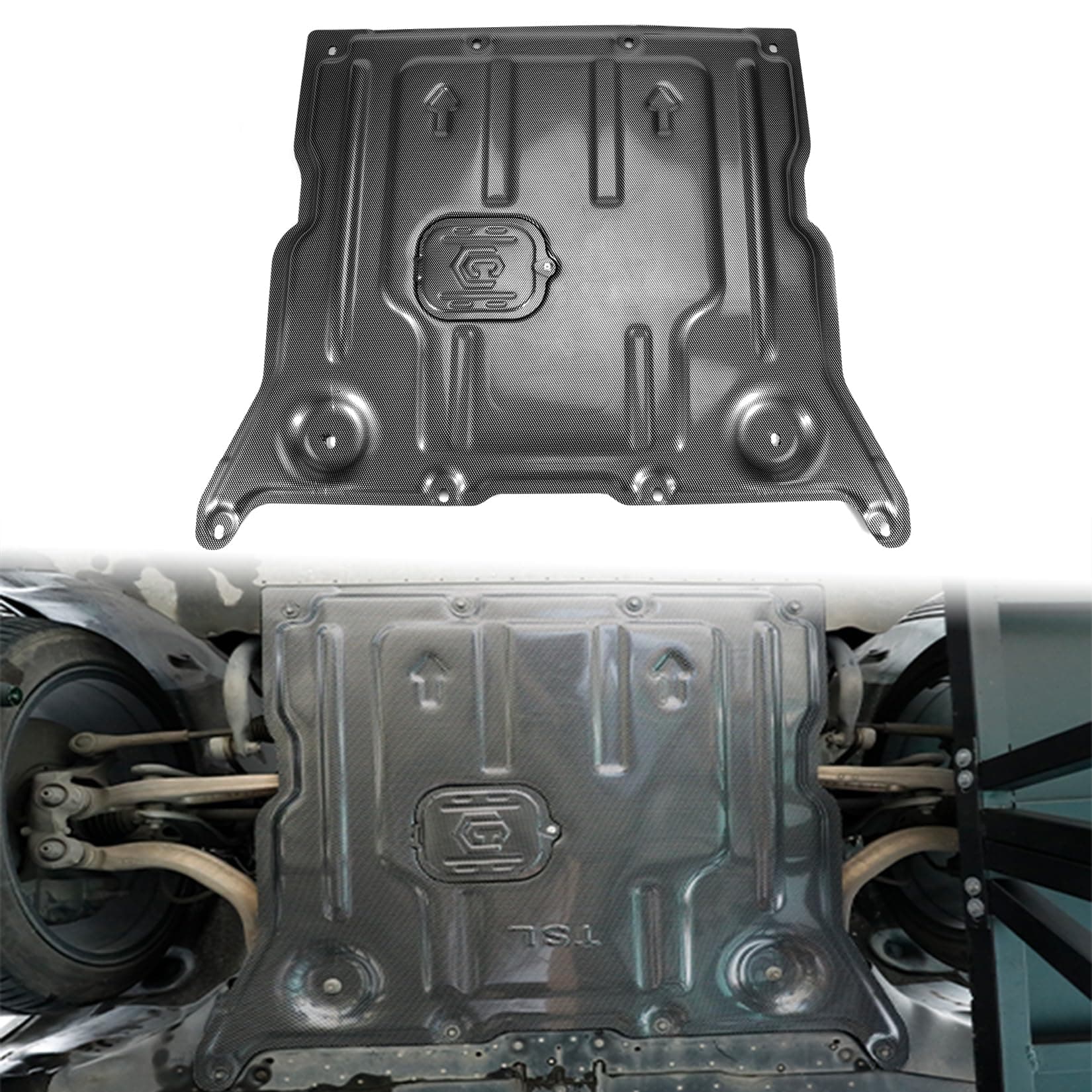 PSLER Front Engine Splash Shield - Fit for Model 3 & Model Y All Year Front Engine Skidplate Carbon Painted Plastic Alloy Lower Engine Splash Shield Engine Splash Guard Under Tray Skid Plate