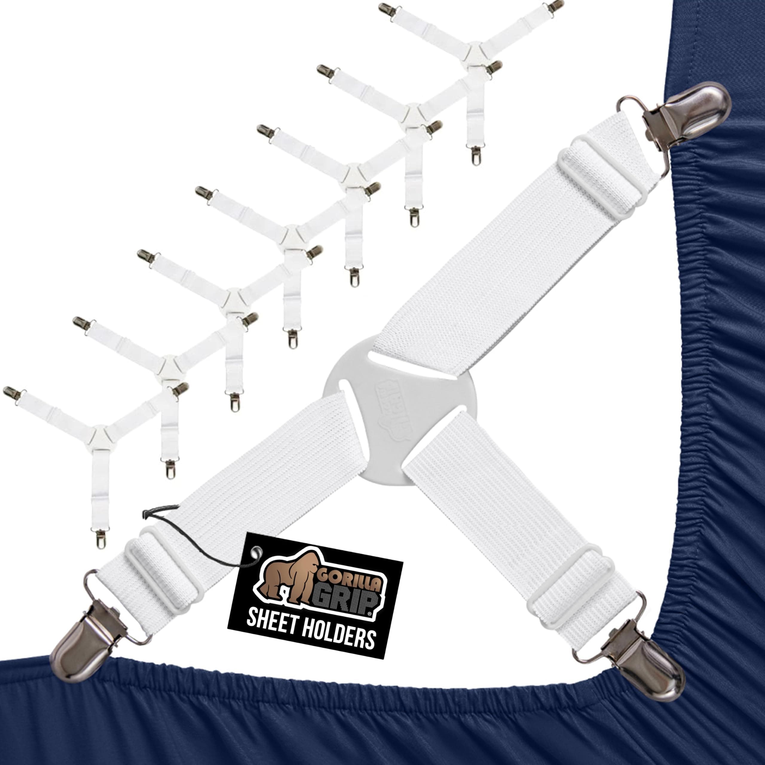 GORILLA GRIP Patent Pending Bed Sheet Straps, Adjustable Elastic Fasteners with Metal Clips, Keep in Place Fitted Bedding Holder, Easy Install Suspenders Mattress, Firm Tight Hold, 8 Pack, Cream